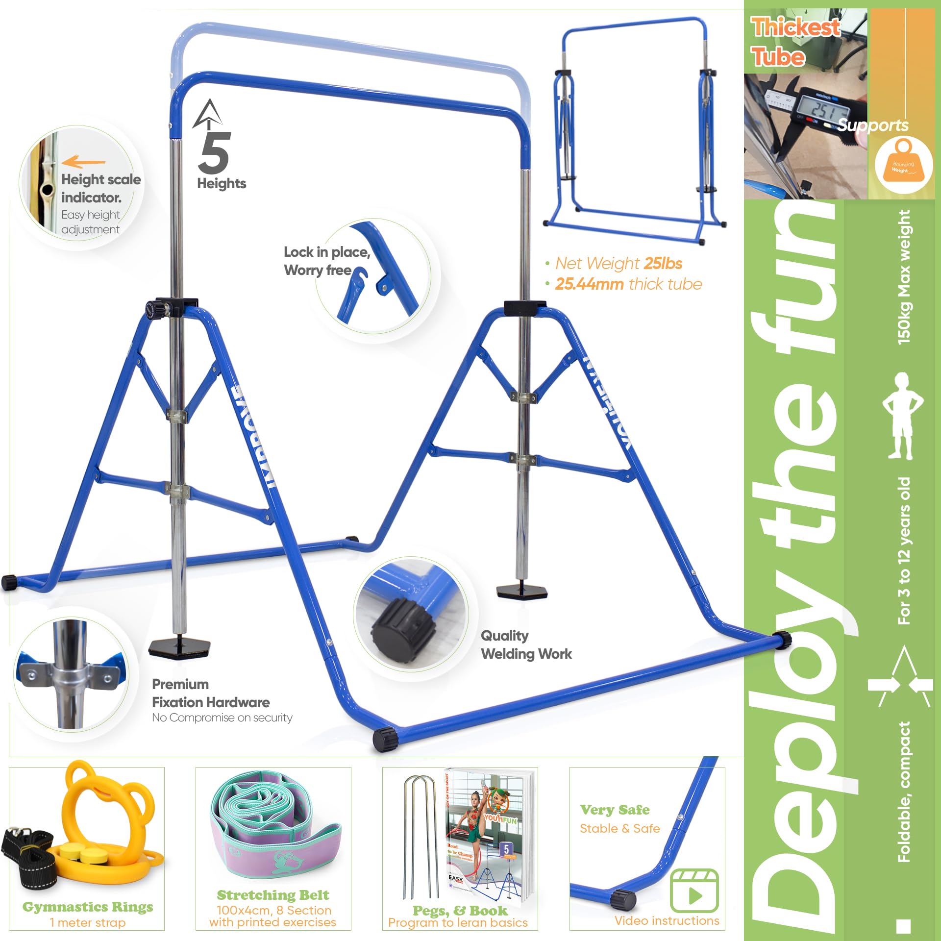 YOUTIFUN Kids Gymnastics Bar | 5-Level Adjustable Home Gym Equipment
