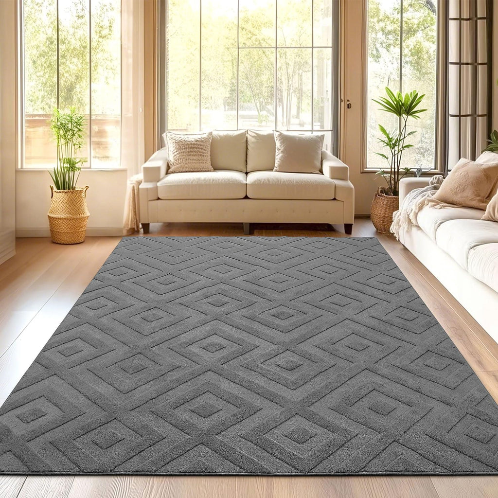 SHACOS Washable Grey Area Rug – 160x230cm Modern Shaggy Geometric Carpet
