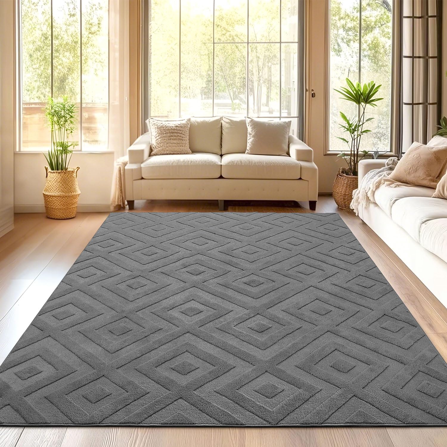 SHACOS Washable Grey Area Rug – 120x160cm Soft Shaggy Geometric Carpet