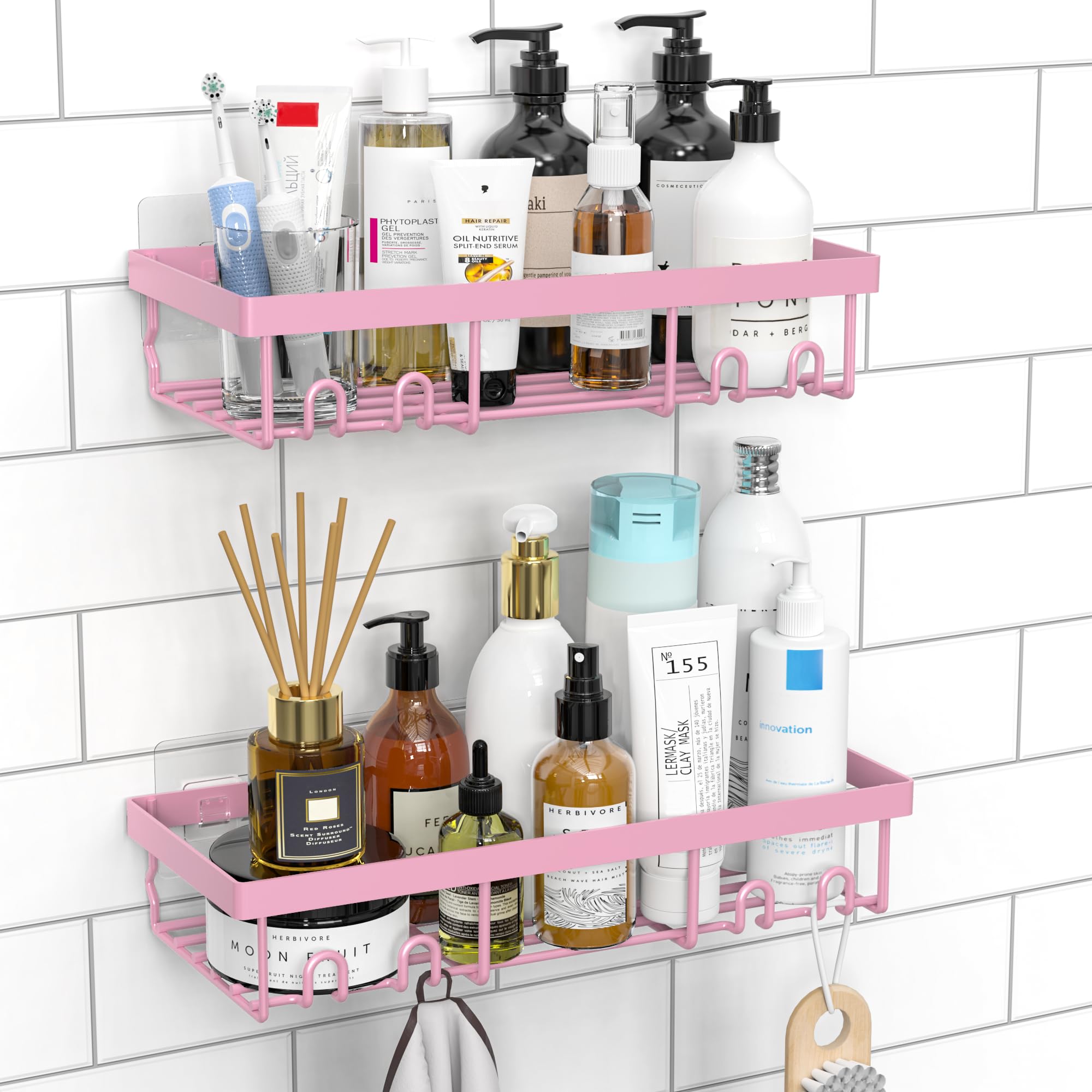 DIFULI Shower Caddy 2 Pack | Pink No-Drill Adhesive Bathroom Shelves