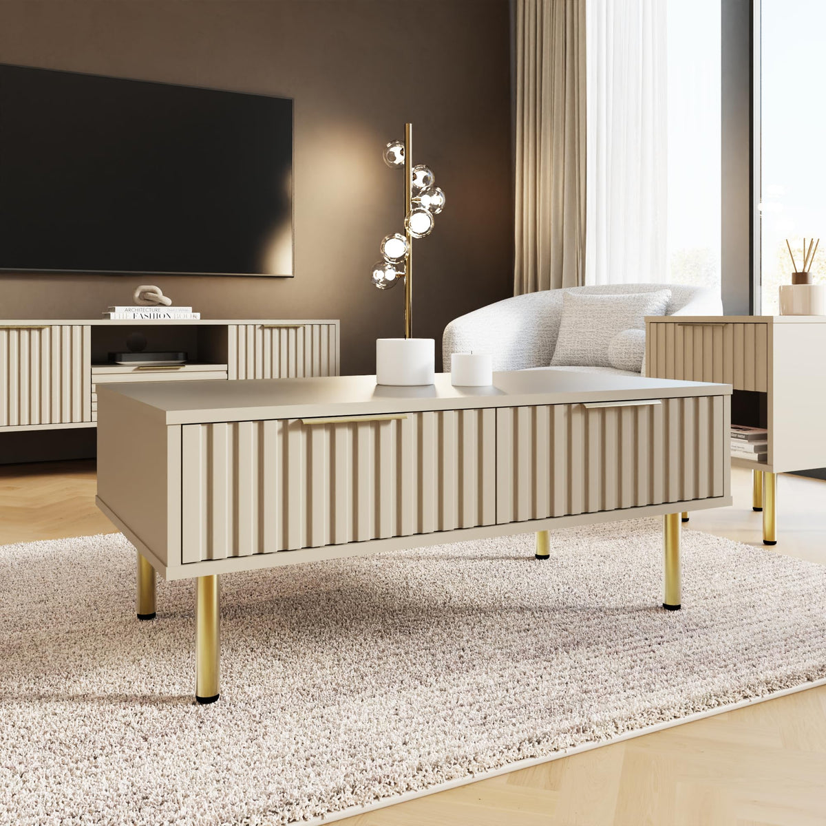 GFW Nervata Coffee Table with 2 Drawers, Oak Effect Living Room Table with Gold Accents & Wood Grain Finish