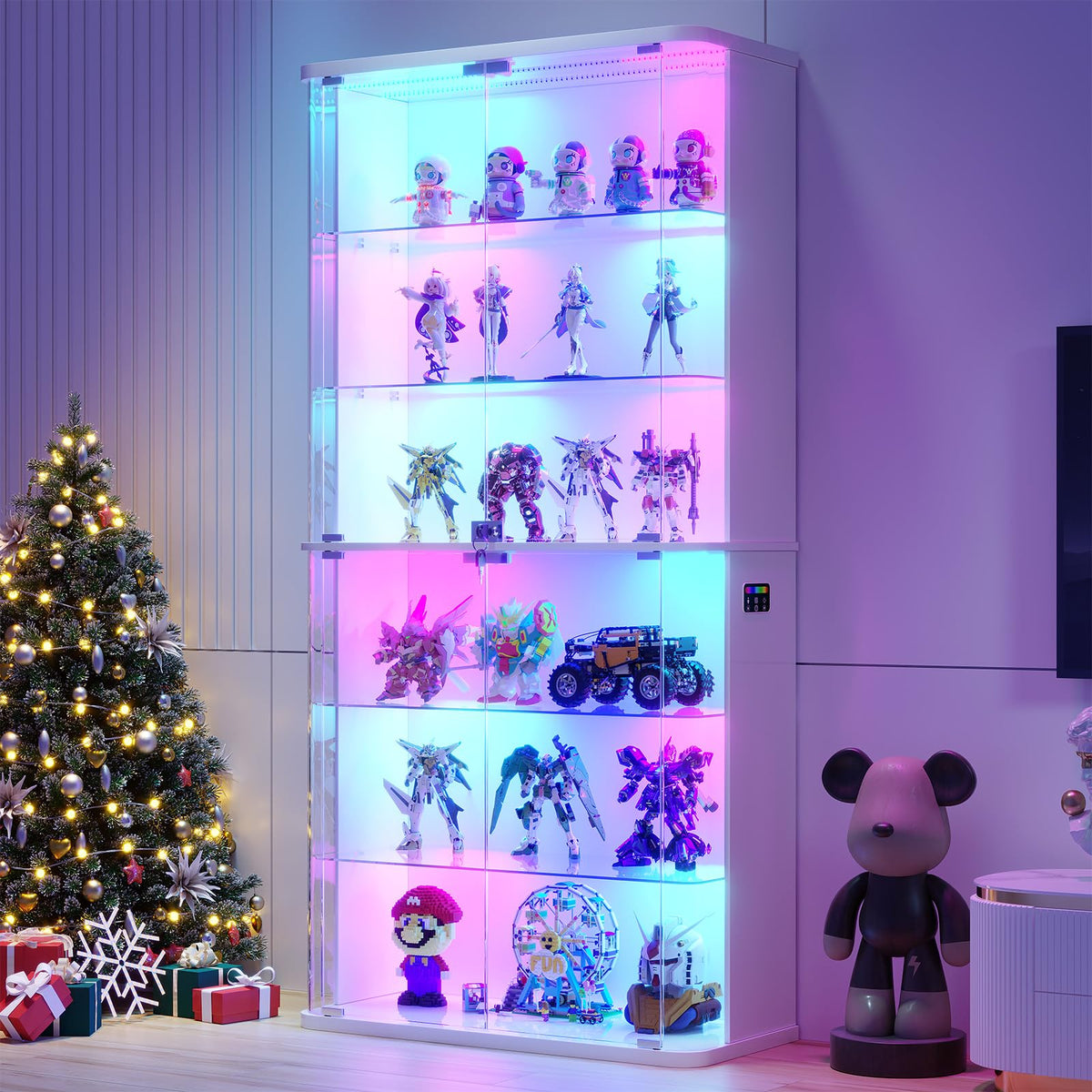 FREDEES Display Cabinet with Glass Doors and RGB Light, 6-Tier, White - image 1