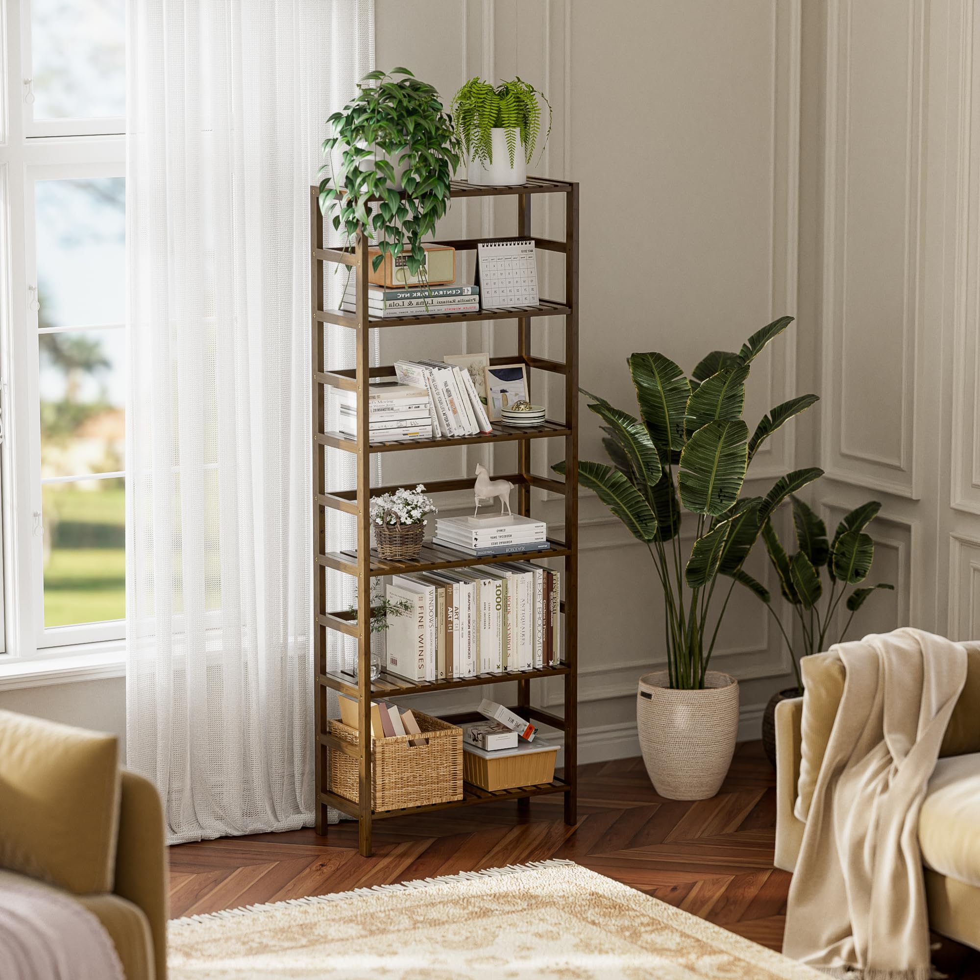 HITNET 6-Tier Bamboo Bookshelf | Adjustable Tall Storage Display Stand, Walnut