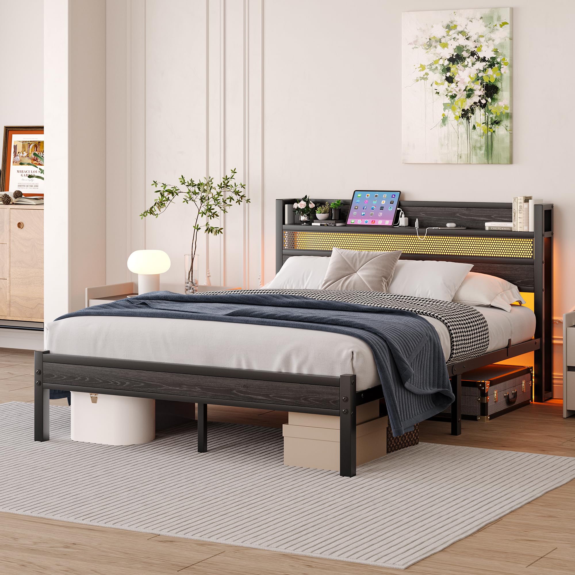 HAHRIR Metal Double Bed Frame with Storage Headboard, LED & USB