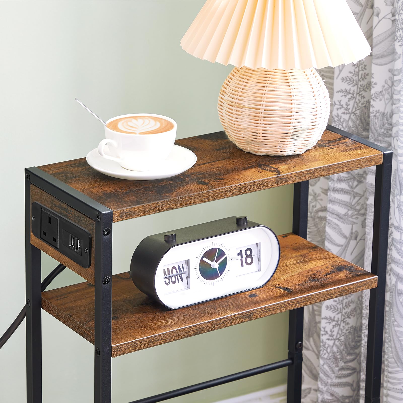 HOOBRO Slim Side Table with Charging Station | 3-Tier Narrow End Table