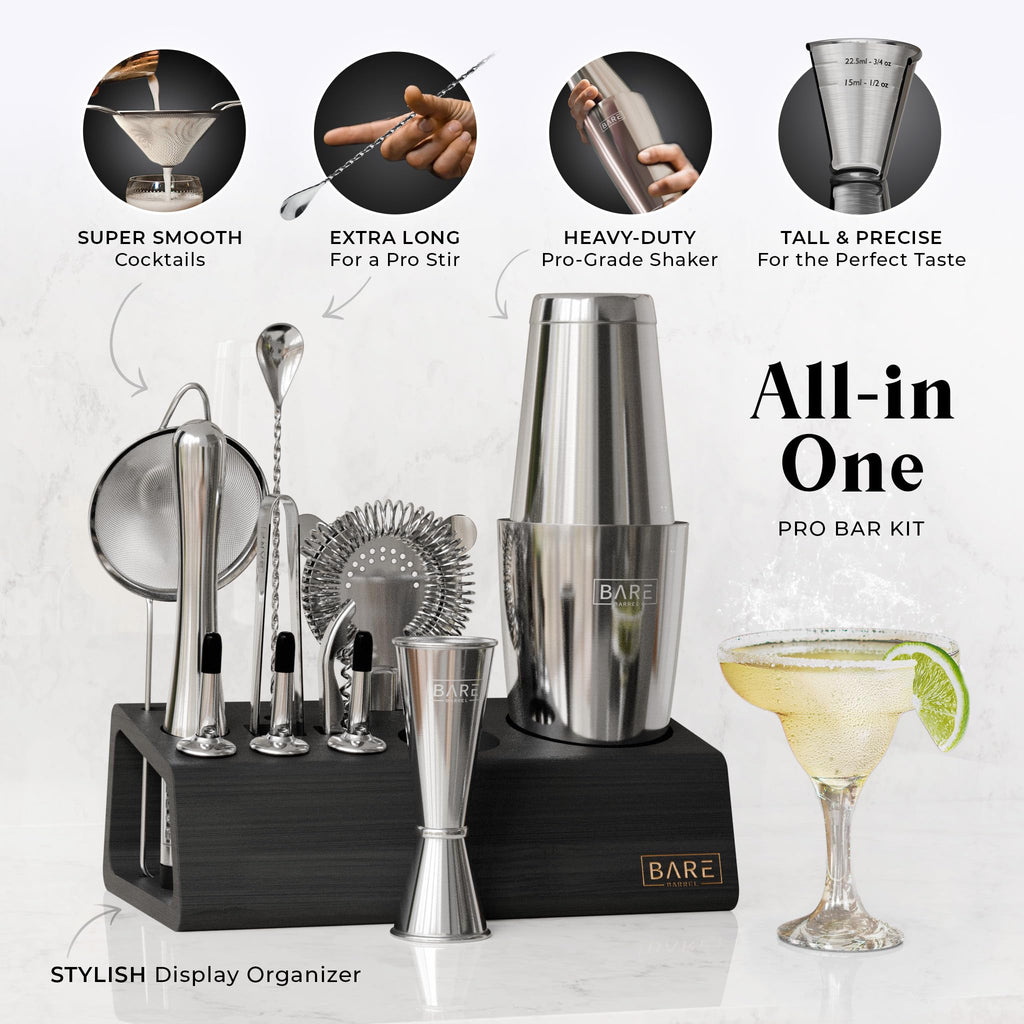 Bare Barrel 14-Piece Cocktail Making Kit with Bamboo Stand & Recipes