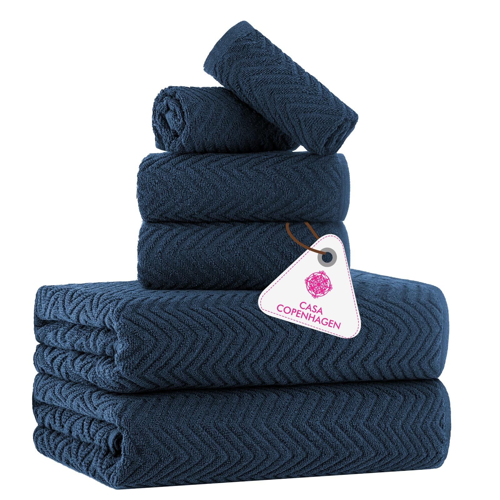 CASA COPENHAGEN 6-Piece Cotton Towel Set | 550 GSM Wave Textured - Navy