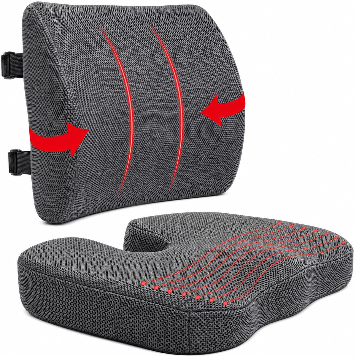 ELIXIR HIVE 2-Piece Orthopaedic Memory Foam Cushion Set – Coccyx & Sciatica Support Grey