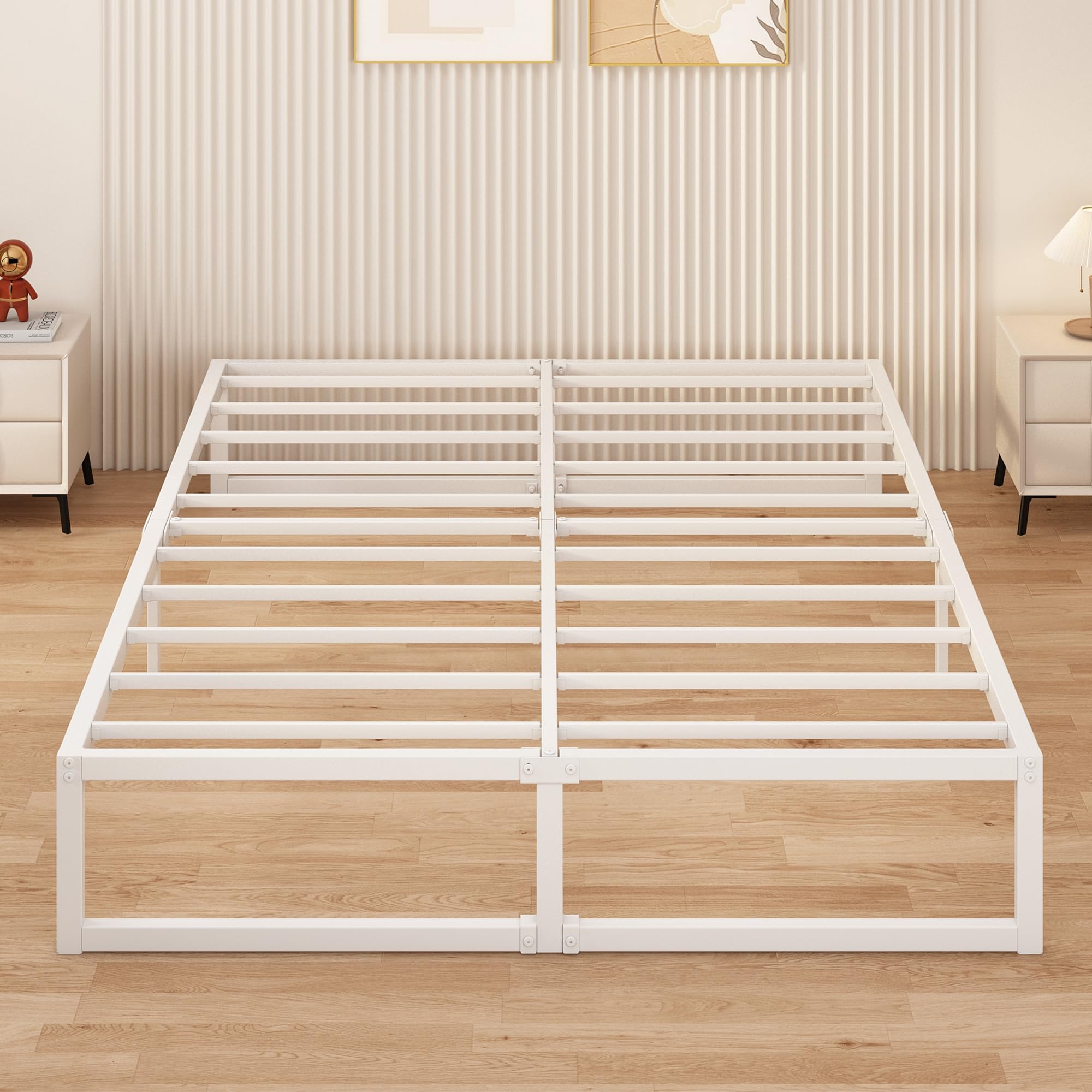 Yicensen Metal Double Bed Frame 160x200 cm | Steel Slat Support - White