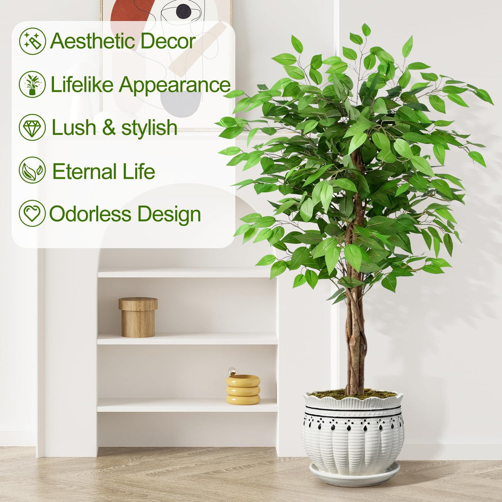 Keeplush 5ft Artificial Ficus Tree | Lifelike Faux Plant with Wood Trunks