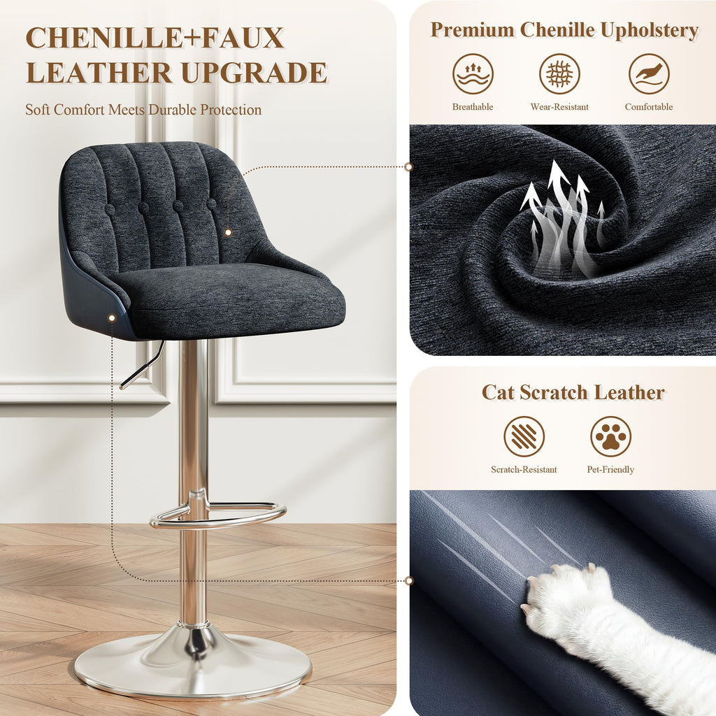 MALOL Adjustable Bar Stools Set of 6, Swivel Counter Stools with Backrest, Chenille & Faux Leather Upholstered Bar Chairs - image 4