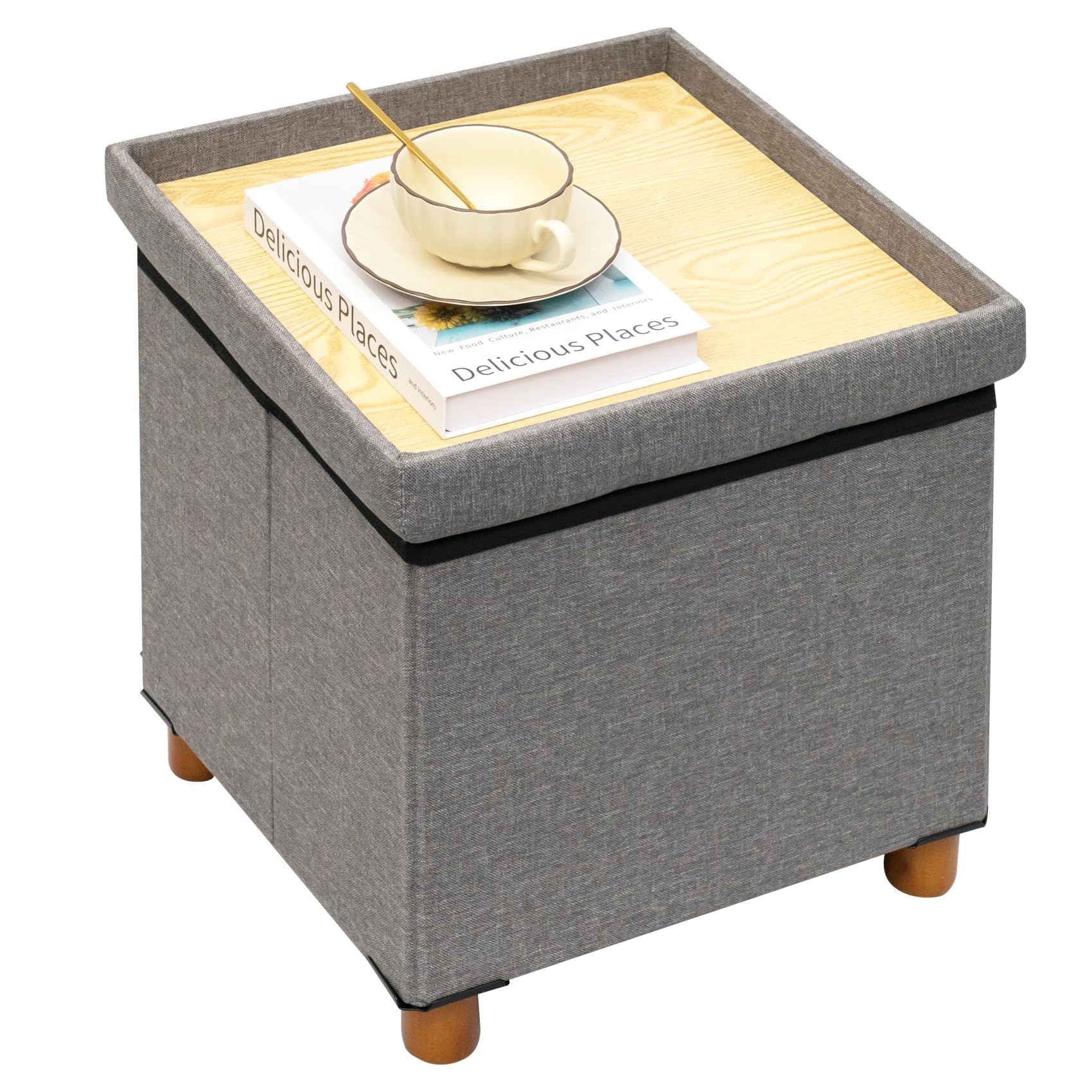 Bonlife Grey Storage Ottoman - Folding Footstool with Wood Legs
