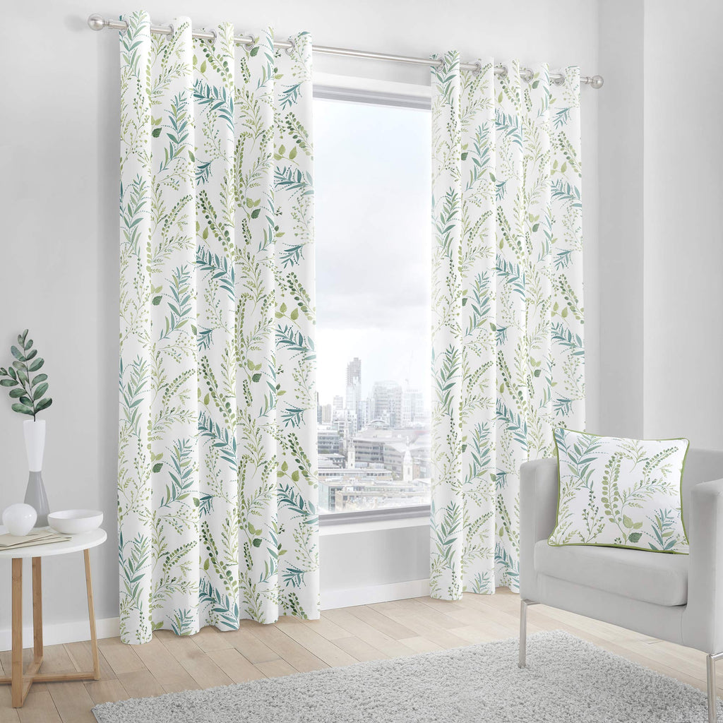 Fusion Fernworthy Leaf Print Cotton Eyelet Lined Curtains - Green, 90x90"