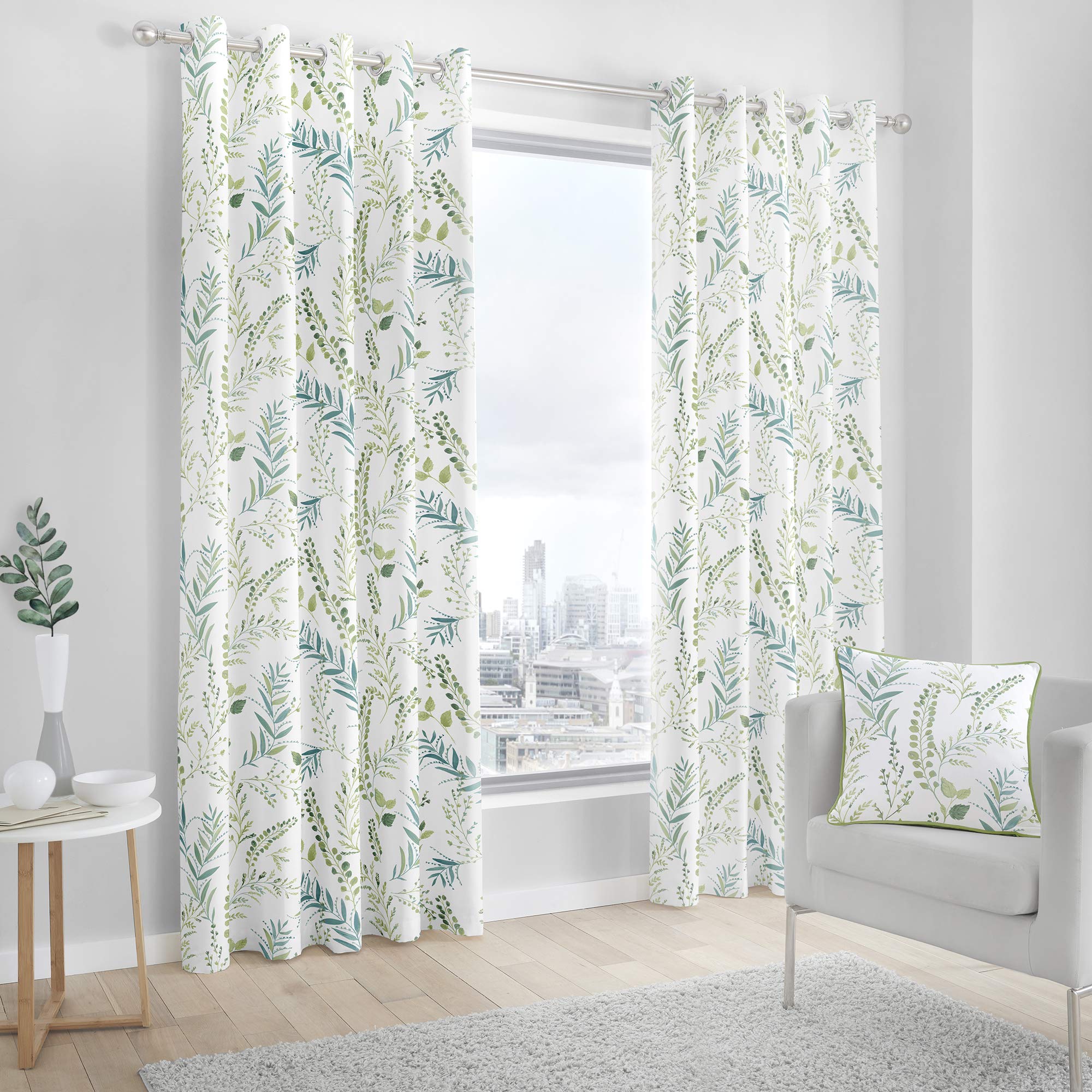 Fusion Fernworthy Leaf Print Cotton Eyelet Lined Curtains - Green, 90x72"