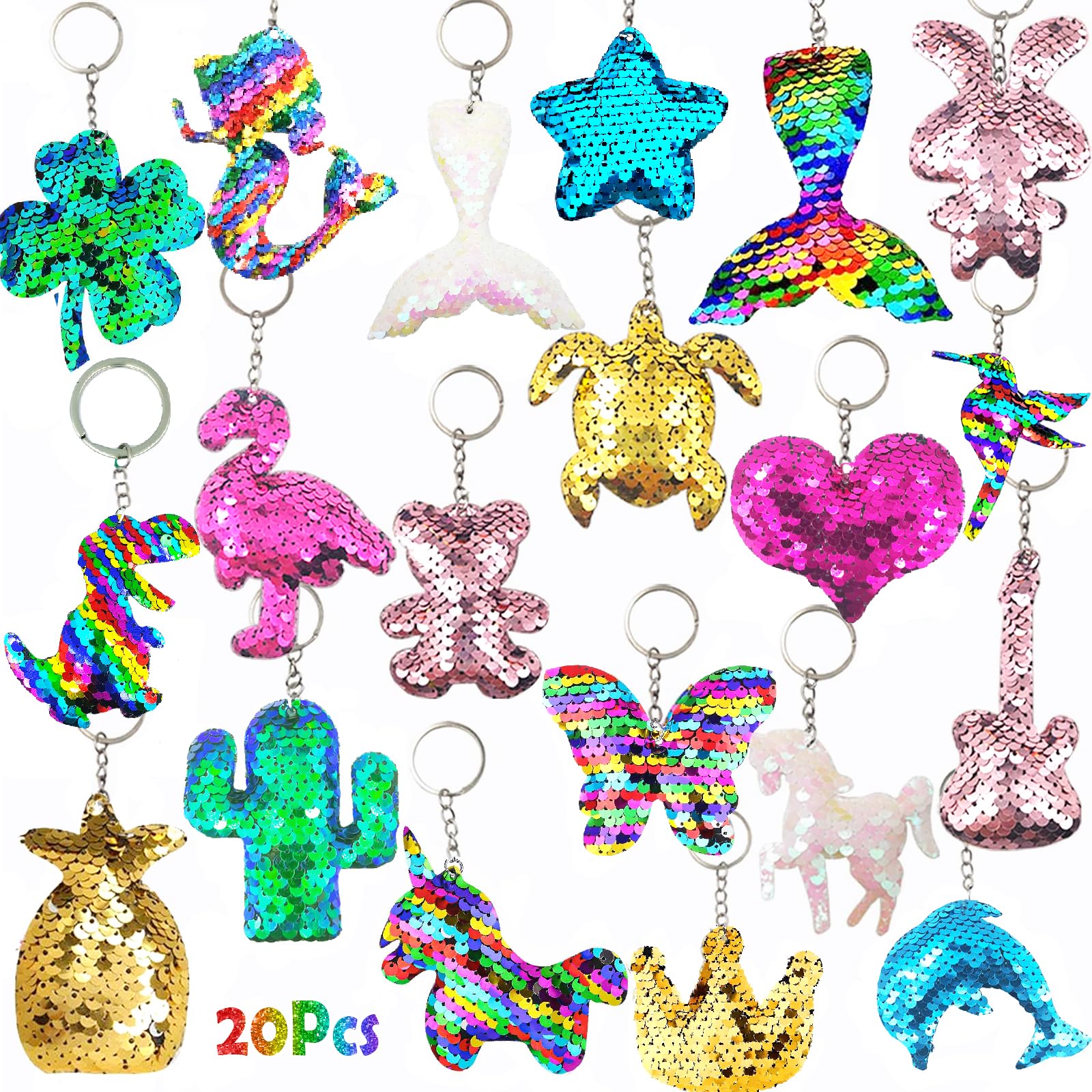 Acuiwer 20 PCS Reversible Sequin Keyrings | Colorful Party Bag Favors