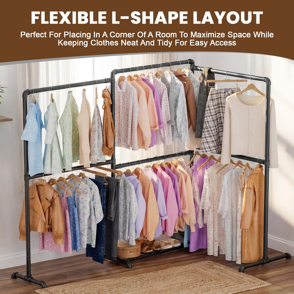 OPPAIYA Heavy Duty Clothes Rail, Up to 294cm Extra Large Clothes Rail for Bedroom, 6 Rails Flexible L/U-Shaped Open Wardrobe - image 5