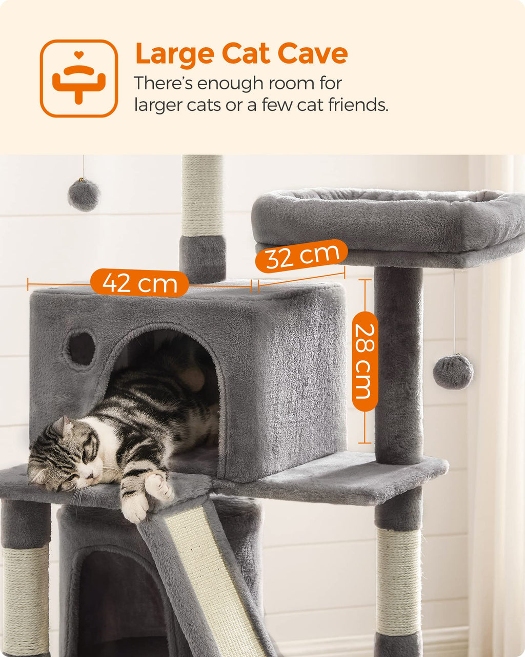 FEANDREA 155cm Cat Tree Tower with 2 Caves & Scratching Board - Light Grey