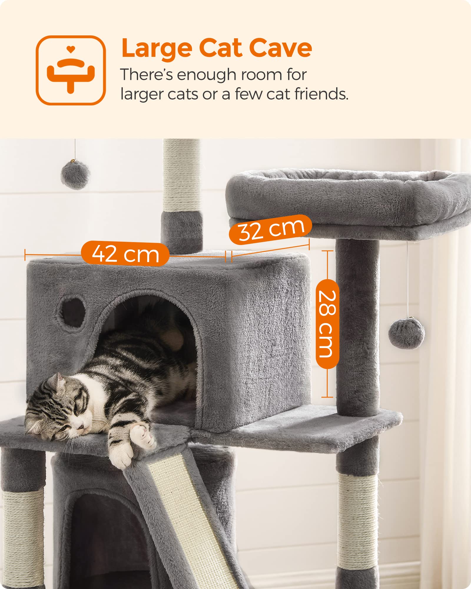 FEANDREA 155cm Cat Tree Tower with 2 Caves & Scratching Board - Light Grey