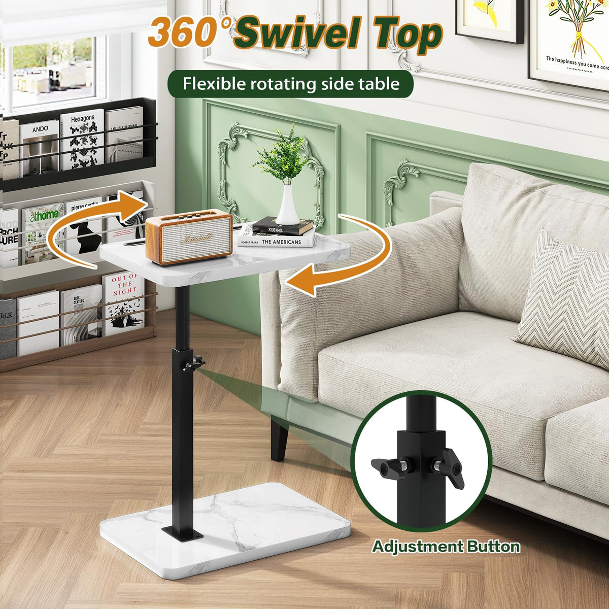 IBUYKE C Shaped Side Table,Height Adjustable,White with Black TVT003BW - image 2
