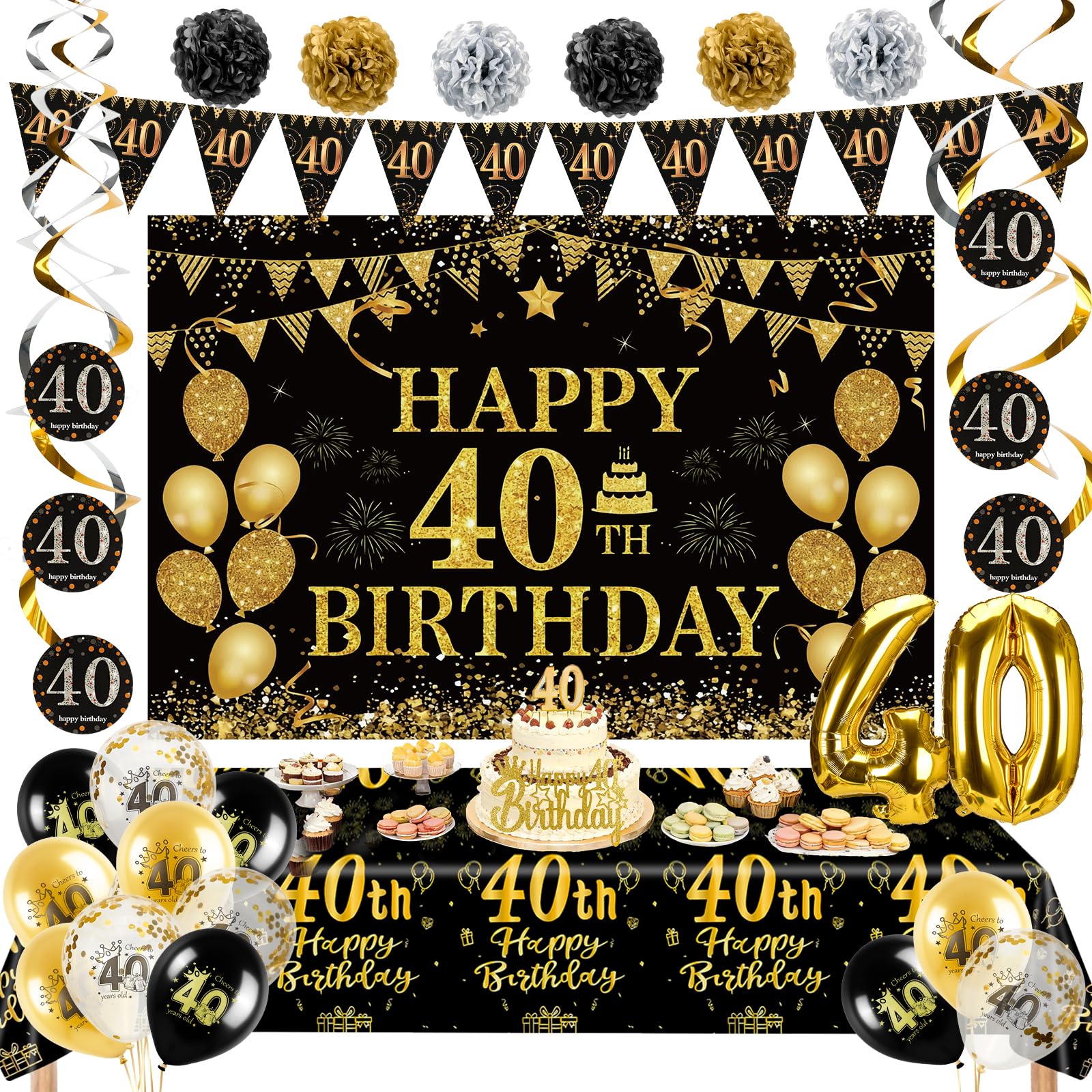 Jolof Store 40th Birthday Decorations - 31pc Black and Gold Party Set