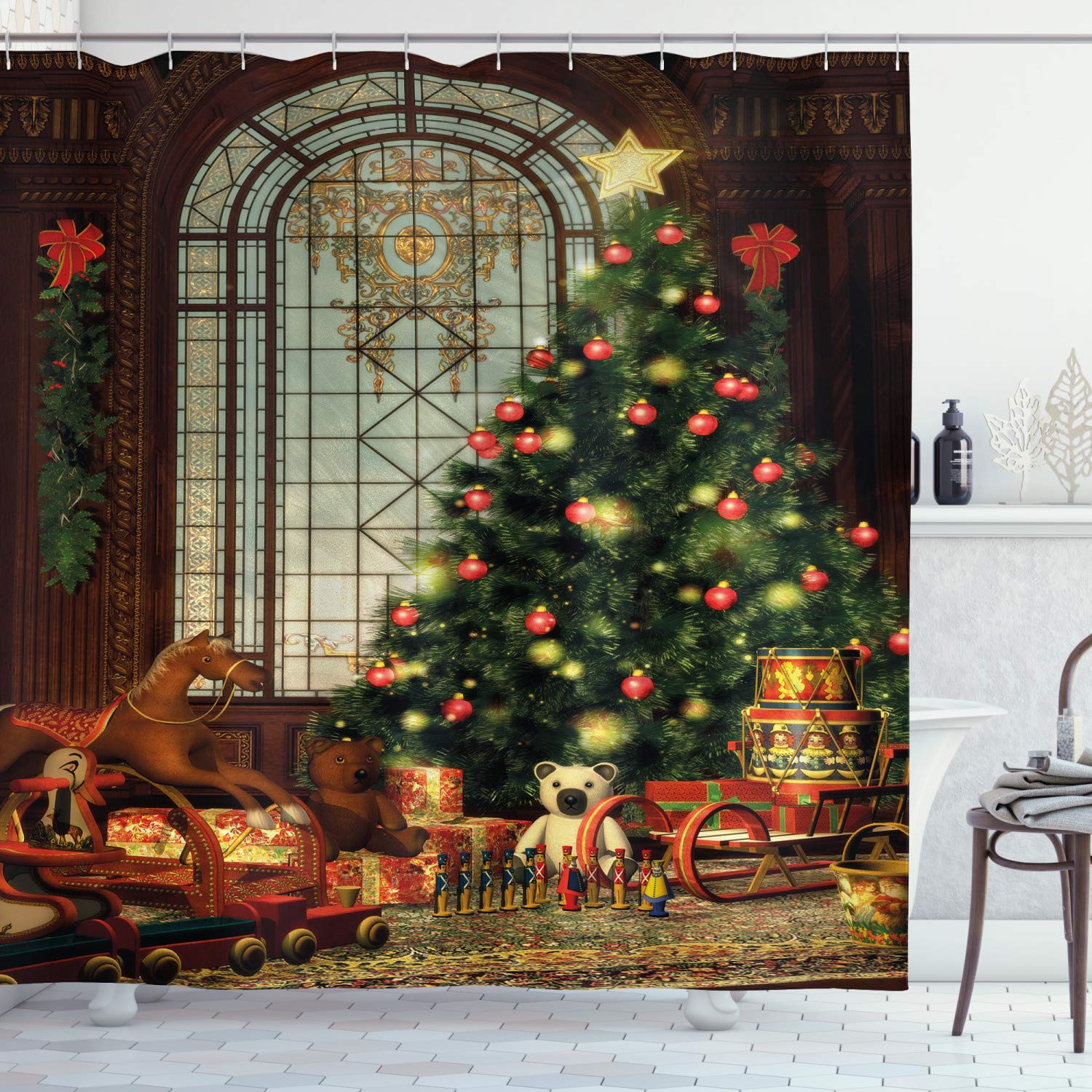 ABAKUHAUS Christmas Shower Curtain – Vintage Xmas Tree Fabric Decor