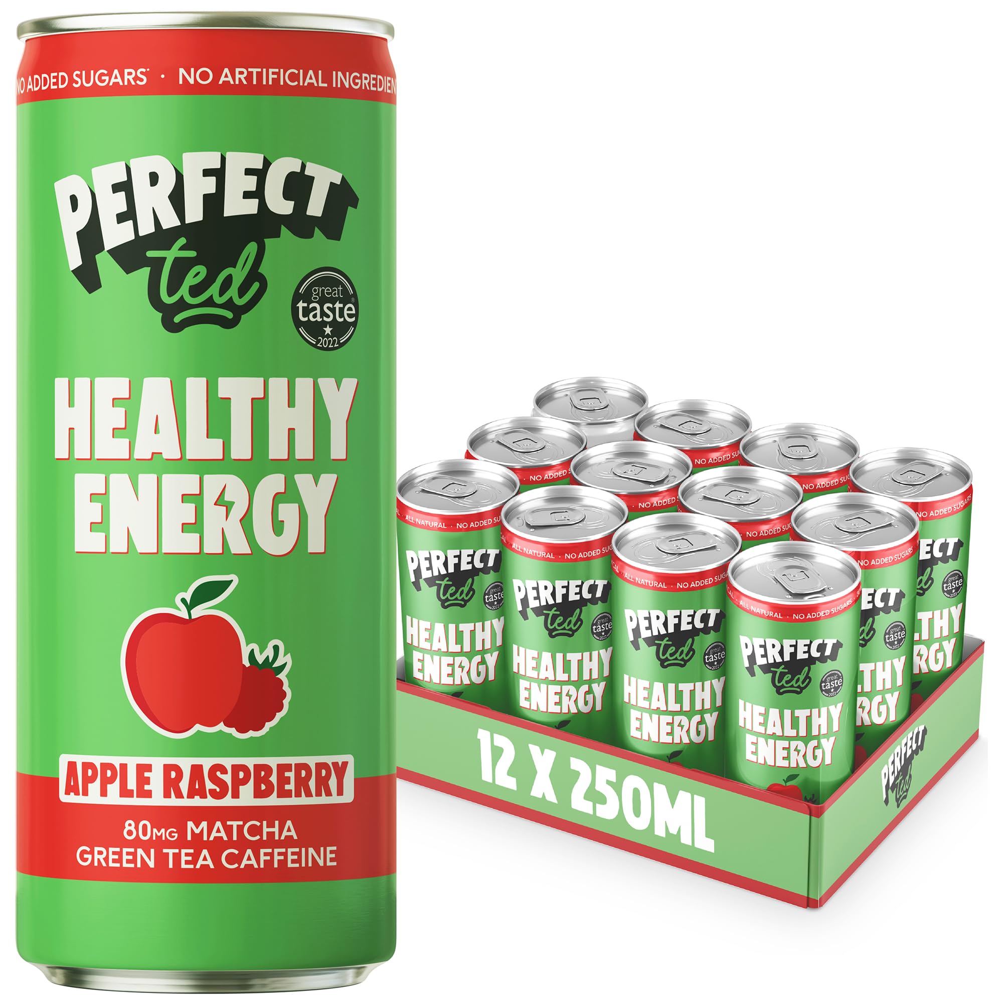 PerfectTed Apple Raspberry Energy Drink - Natural Green Tea - 12 x 250ml