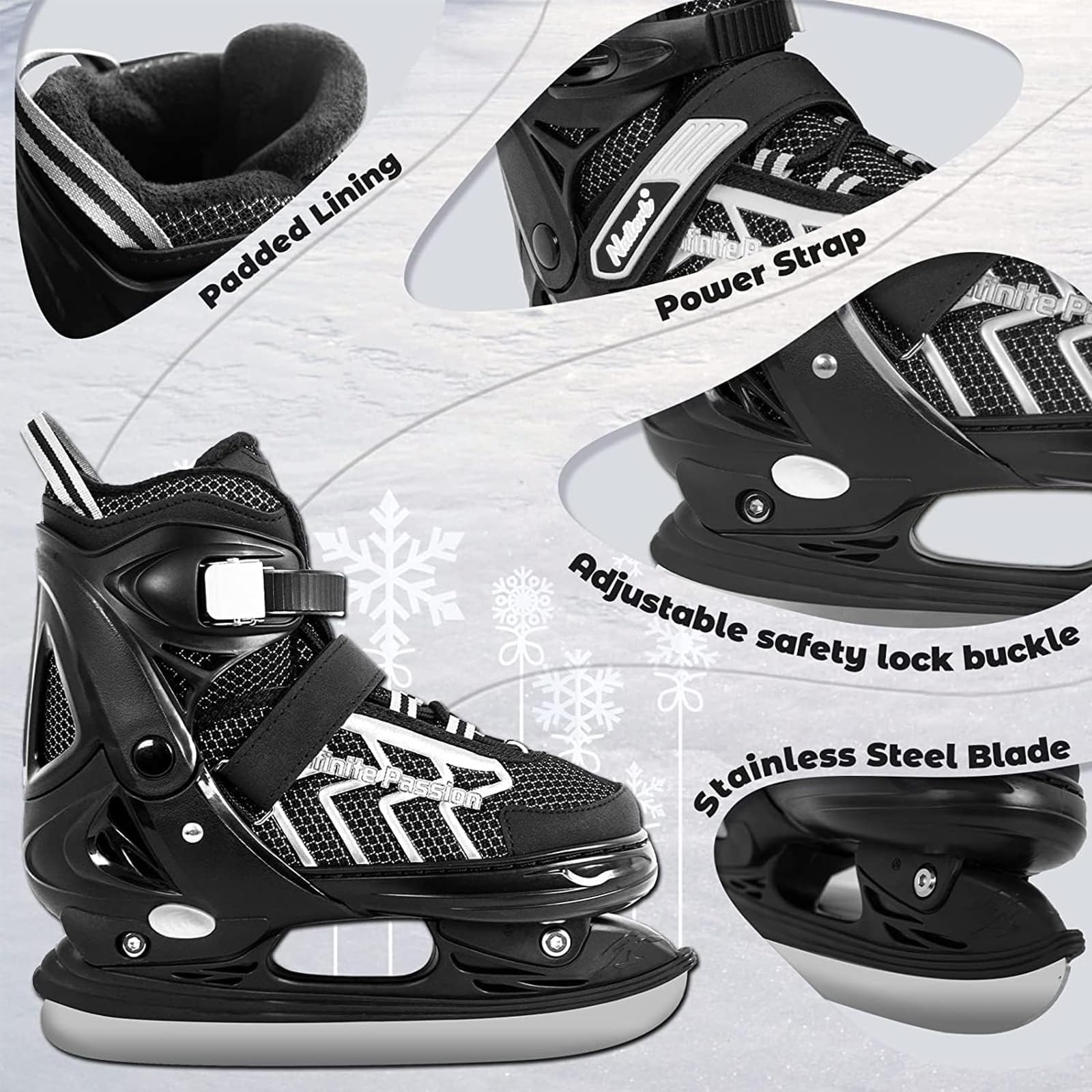 Nattork Kids Adjustable Ice Hockey Skates – Grey Reinforced Ankle Support