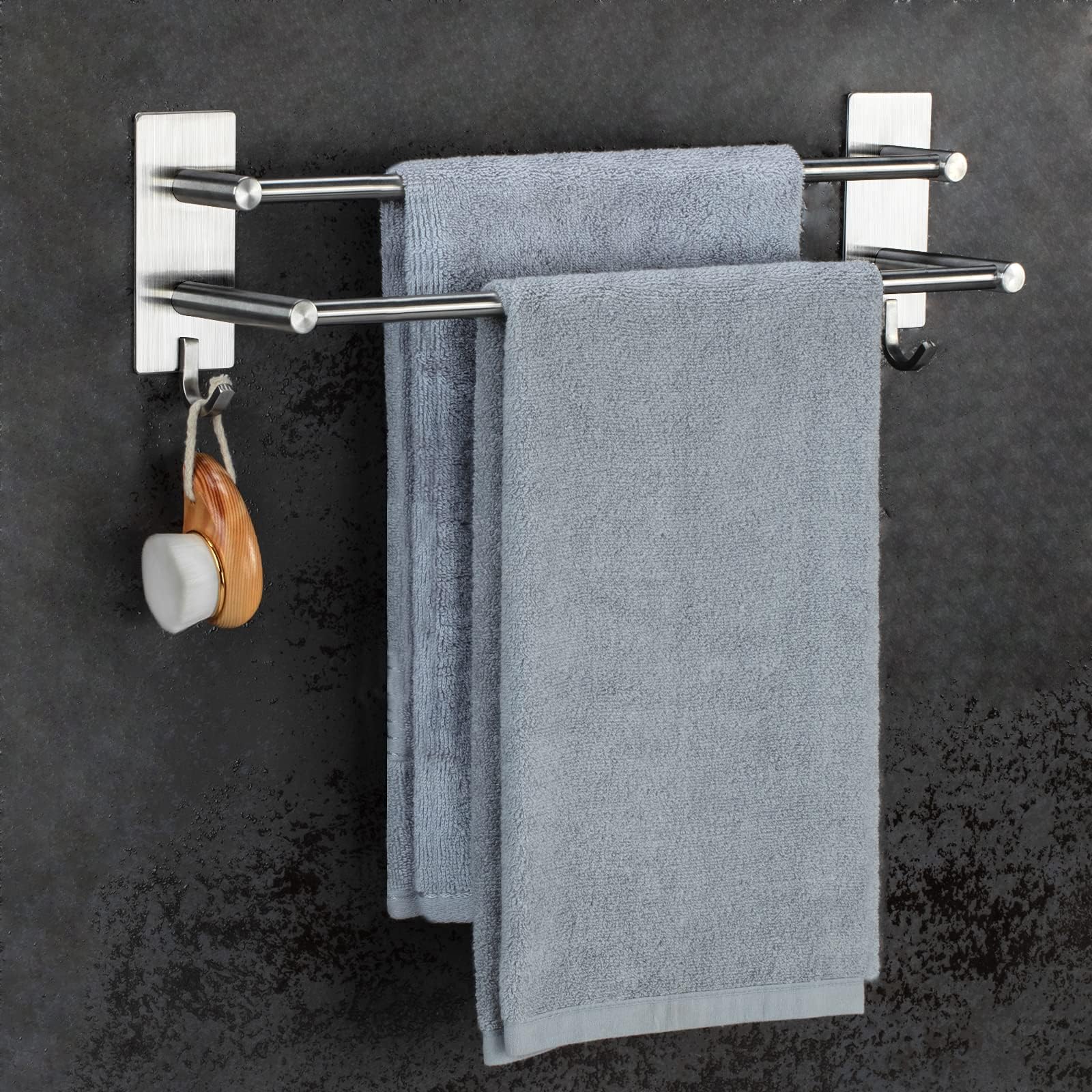 SUS304 Stainless Steel Dual Rod Towel Rail with 2 Hooks