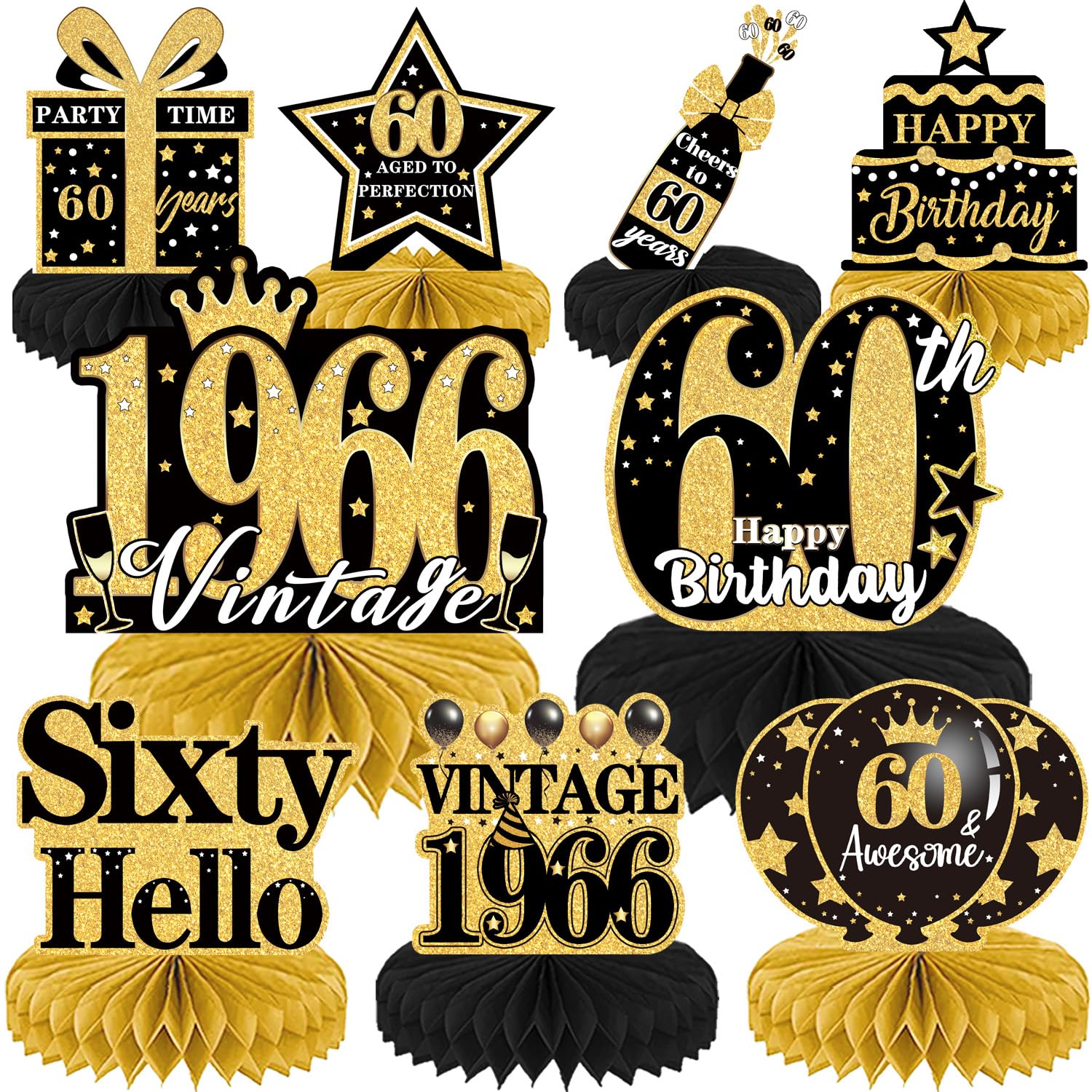 Luvart 60th Birthday Honeycomb Centerpieces | 9pc Black & Gold Table Decor