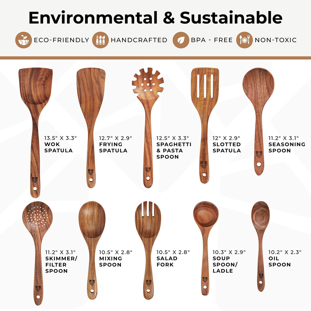 10-Piece Teak Wood Cooking Utensil Set for Nonstick Cookware