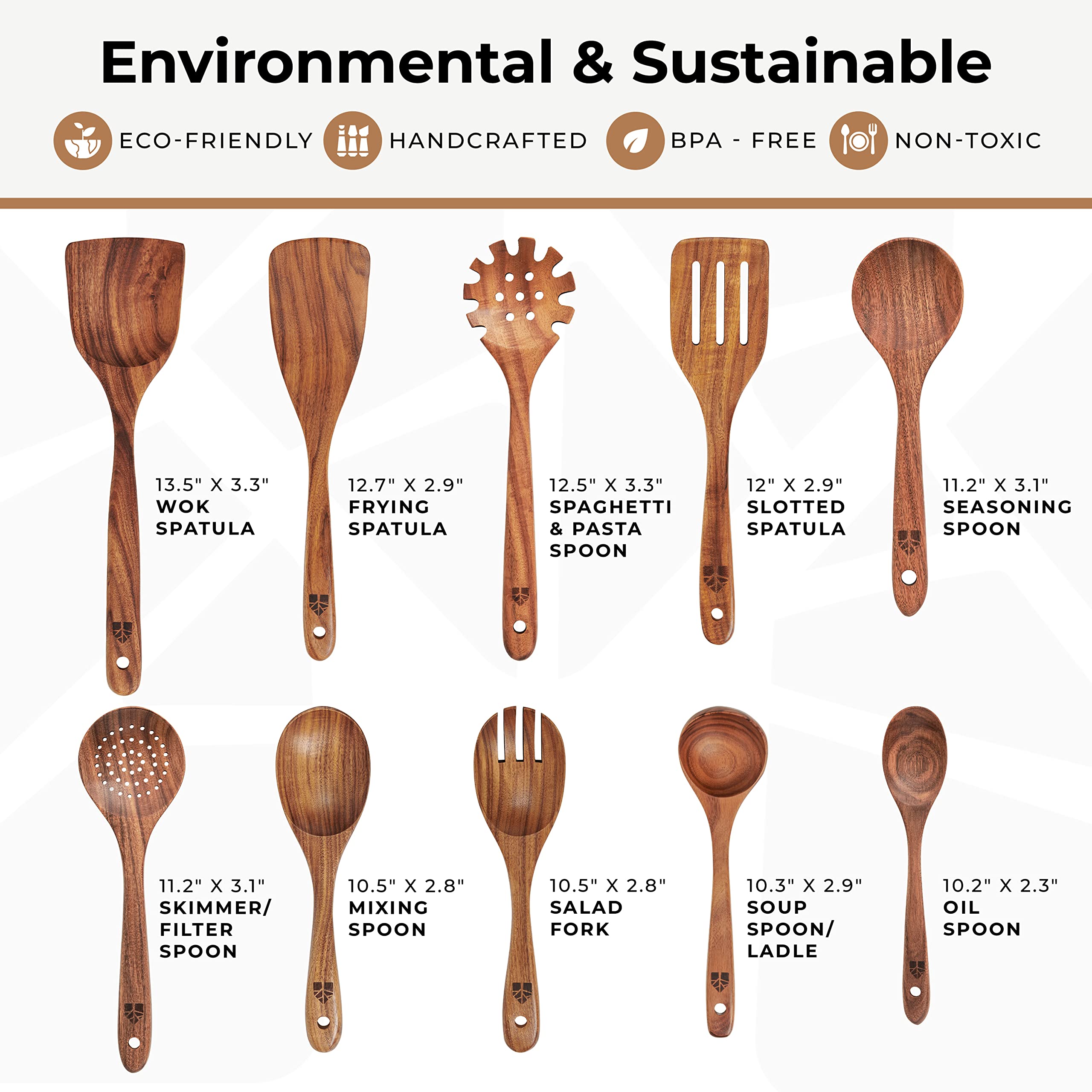 10-Piece Teak Wood Cooking Utensil Set for Nonstick Cookware