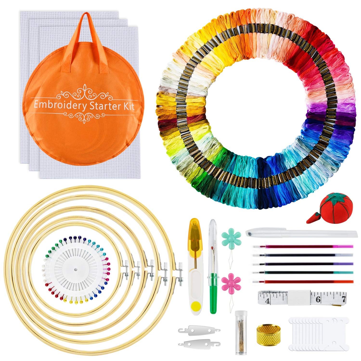 AUERVO Embroidery Starter Kit | 120 Skeins, 5 Bamboo Hoops & Aida Cloth