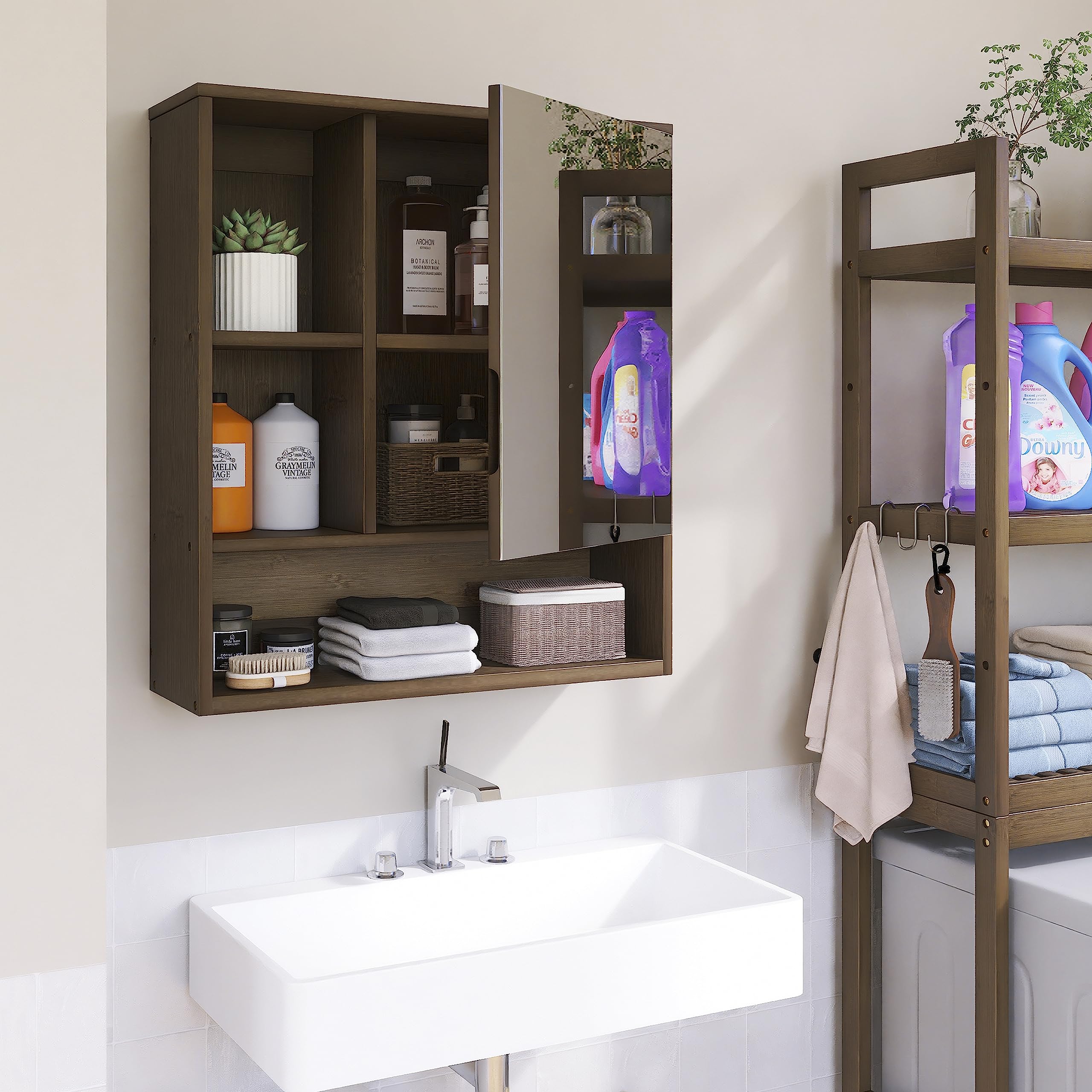SMIBUY Bamboo Bathroom Mirror Cabinet | Wall Mounted Medicine Storage