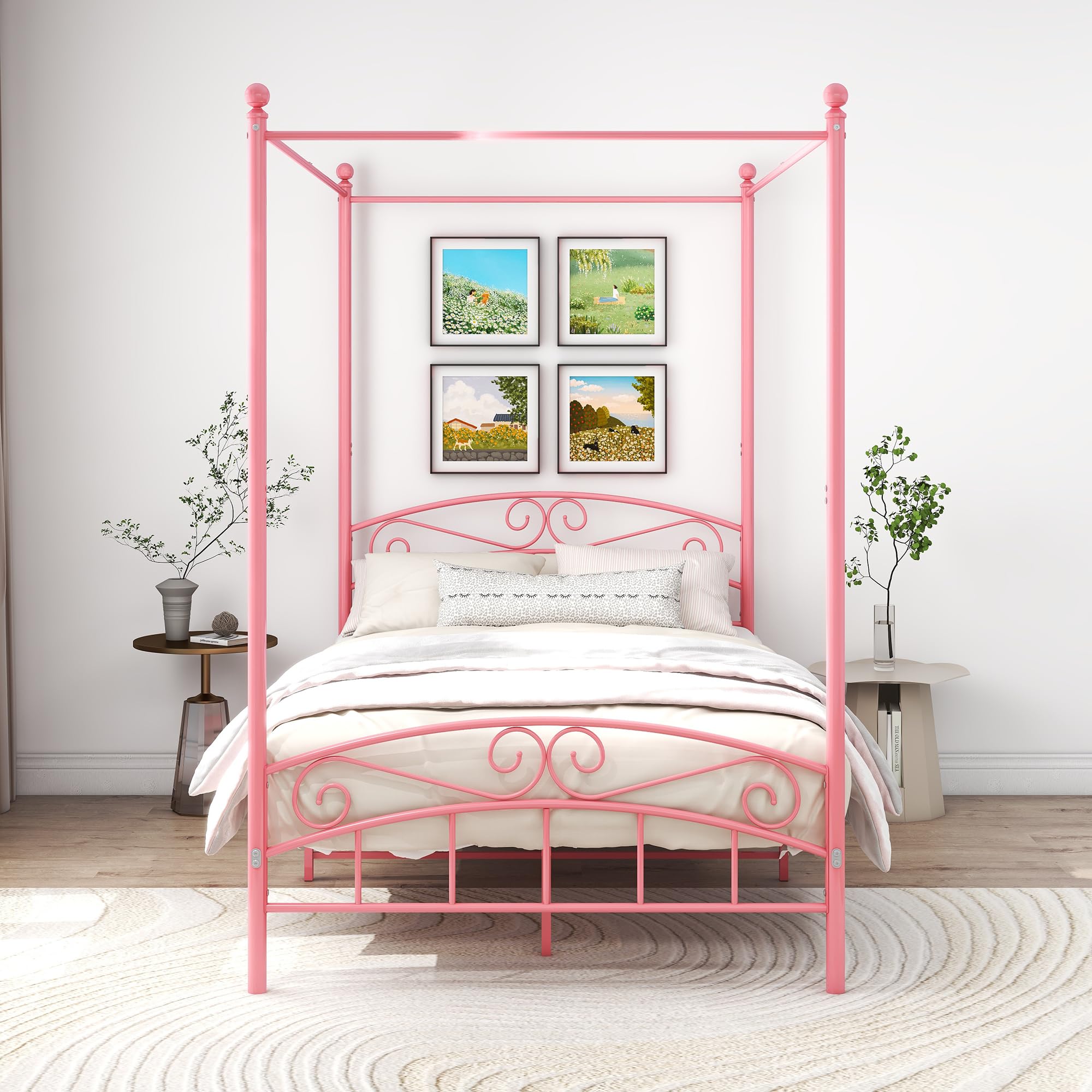 ARFARLY Canopy Bed Frame – Metal Double Bed in Pink, 120 x 200 cm