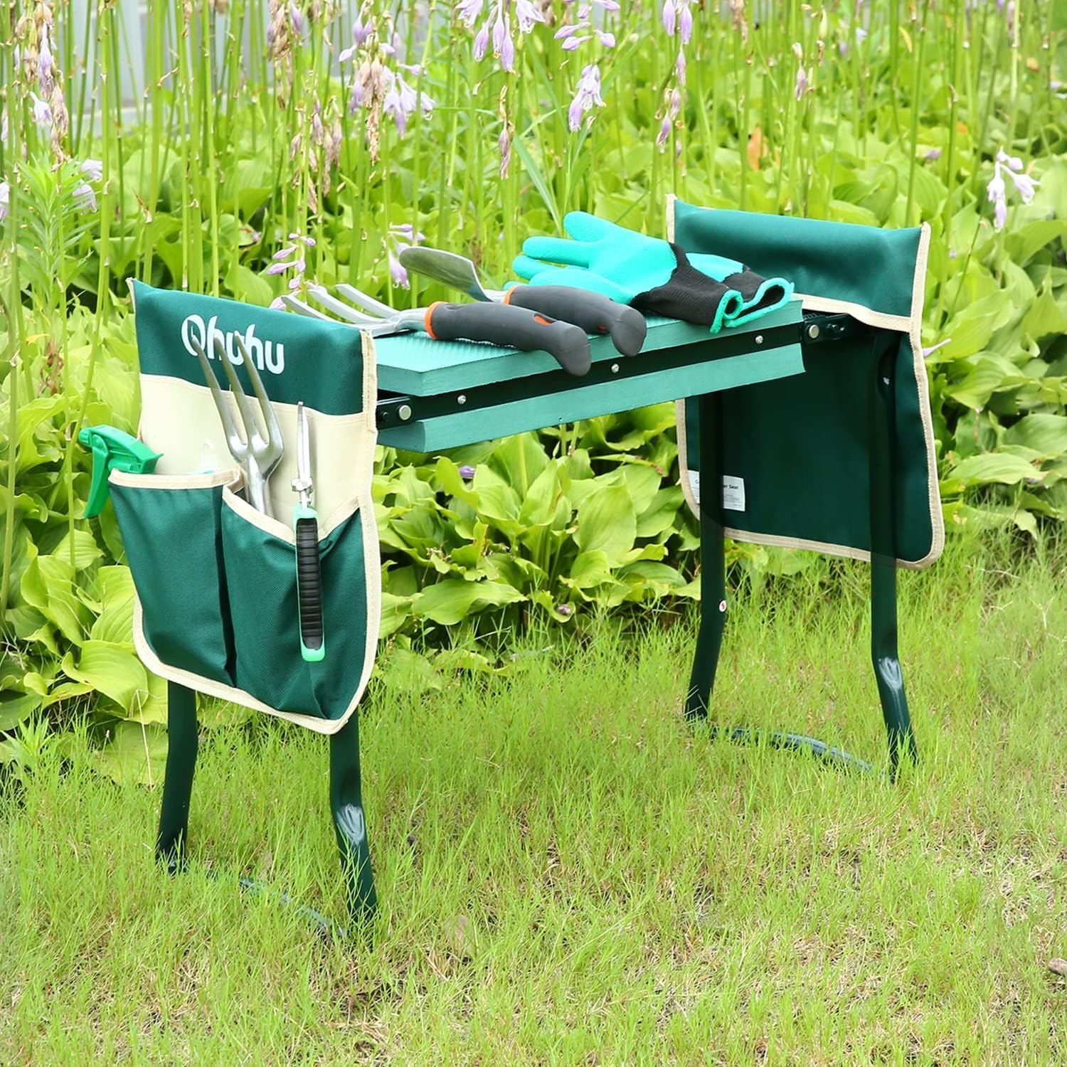 Ohuhu Garden Kneeler and Seat | Foldable Stool with EVA Pad & 2 Tool Bags