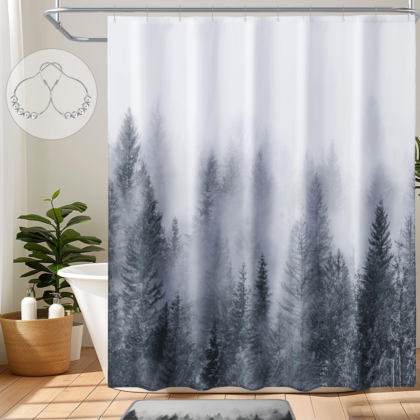 ORTIGIA Misty Forest Shower Curtain | Grey Jacquard Polyester with Hooks