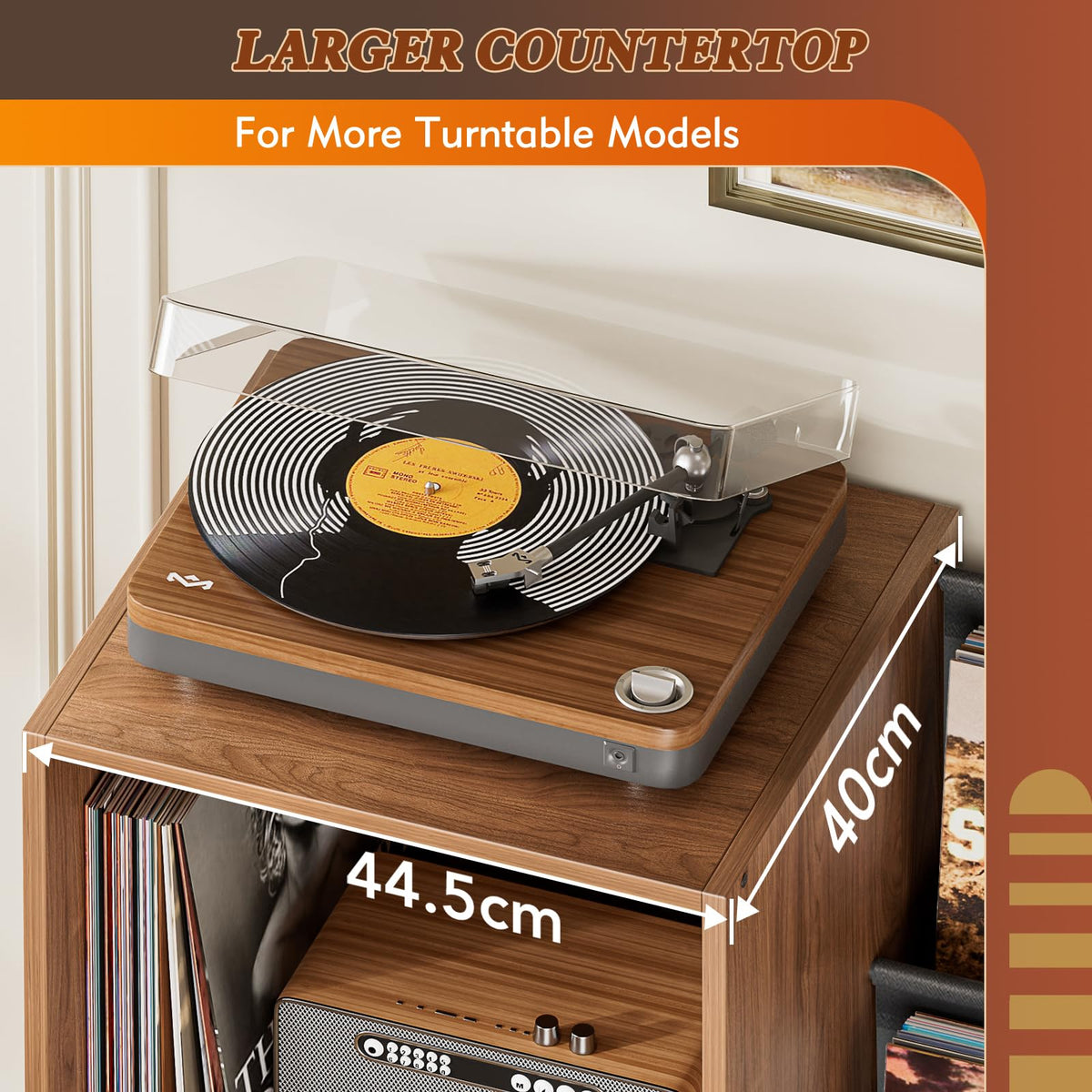 Bikoney Record Player Stand with 3-Tier Vinyl Storage for 220 LPs - Walnut - image 3