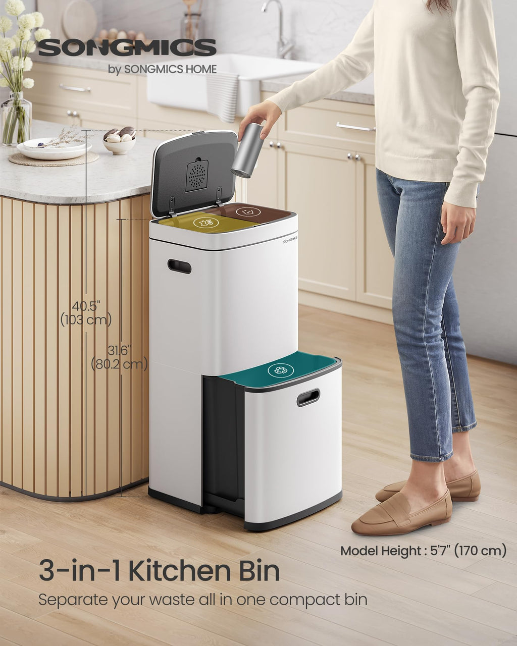 SONGMICS 3-Compartment Kitchen Bin | 50L Steel Recycling Bin with Filter