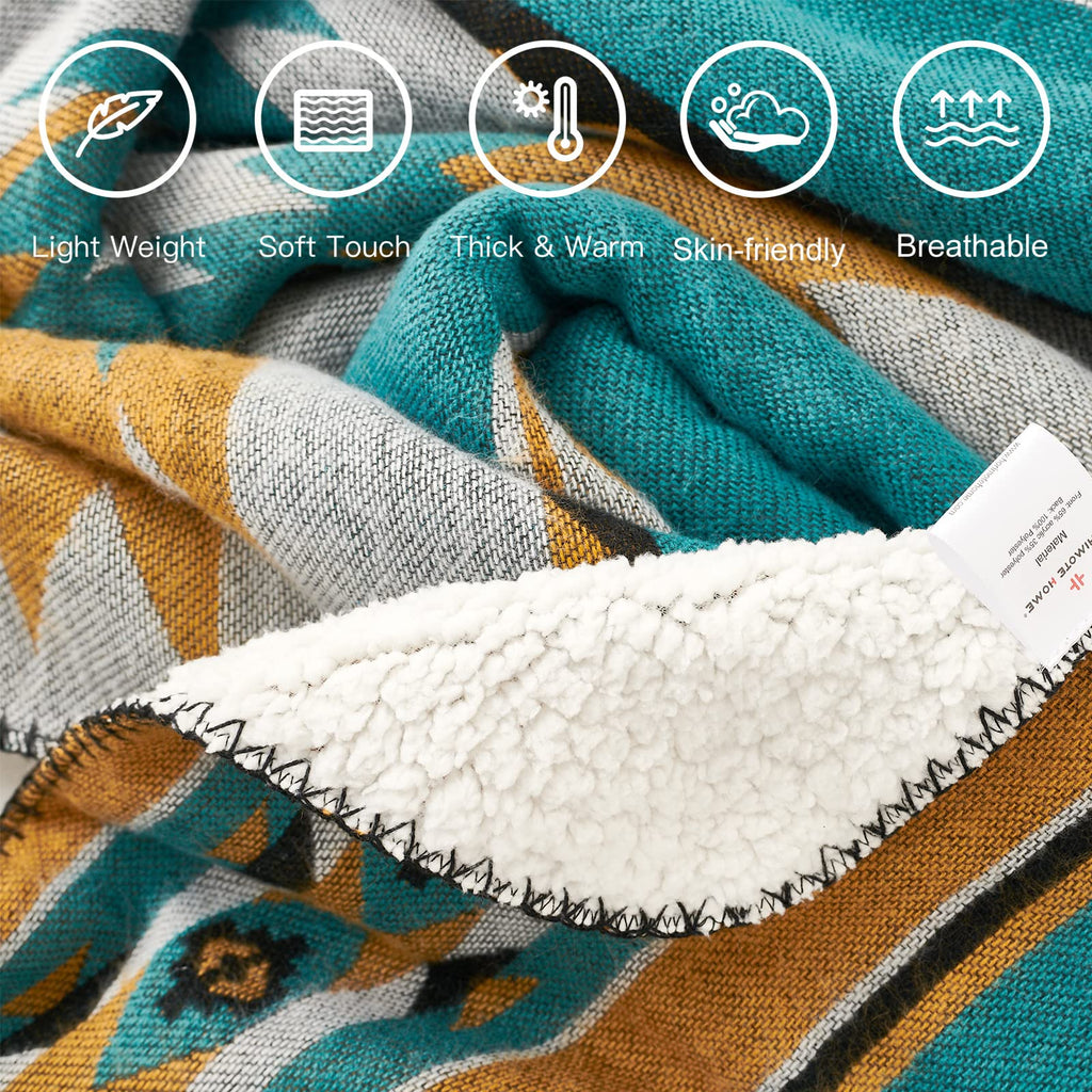 HORIMOTE HOME Aztec Sherpa Throw Blanket | Southwestern Navajo Boho Teal