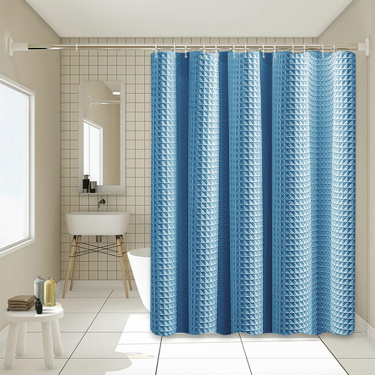 Stfery Shower Curtain Waffle Pattern White Shower Curtain 180 x 200 cm Water-Repellent Fabric Shower Curtain Anti Mould - image 2