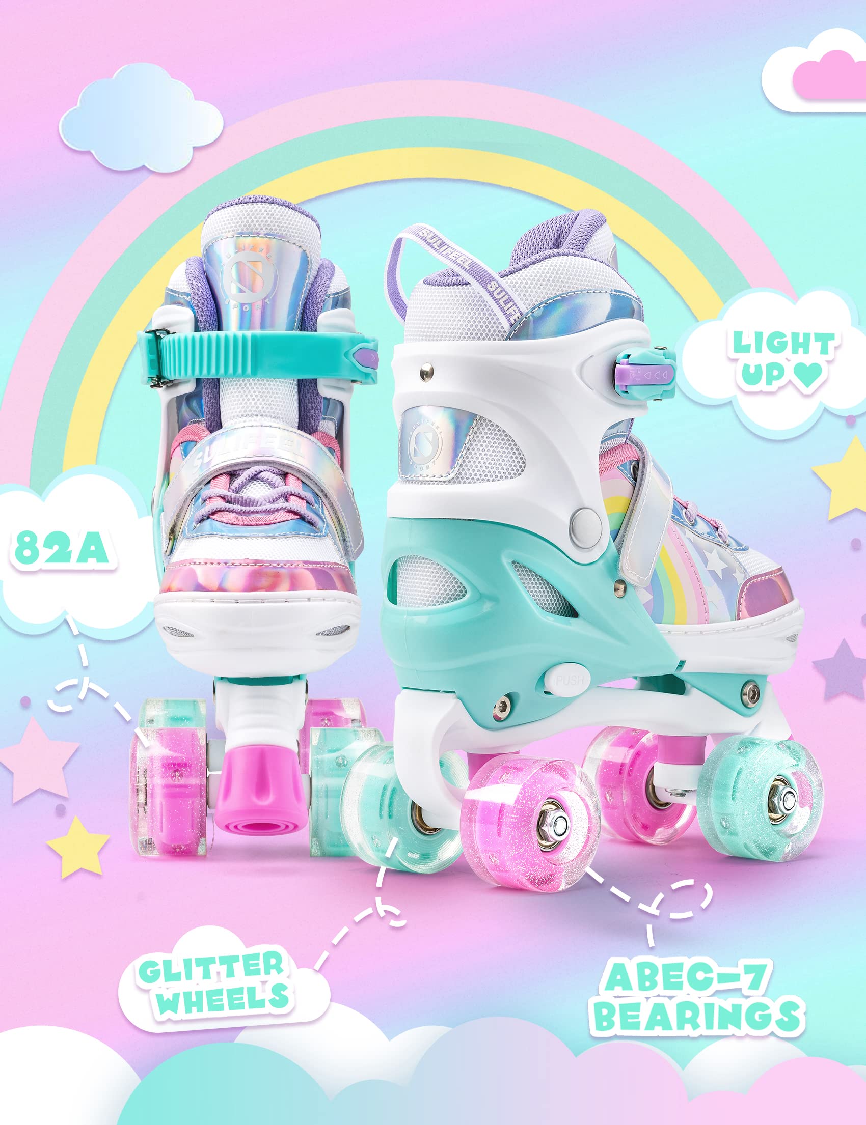 SULIFEEL Rainbow Unicorn Light Up Roller Skates – Adjustable Size 2-5 UK
