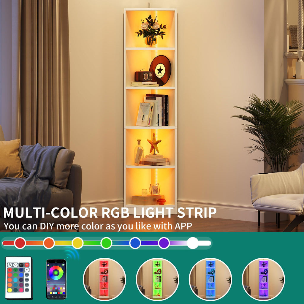 YITAHOME 5-Tier Corner Bookshelf with LED Music Sync Lighting – Black