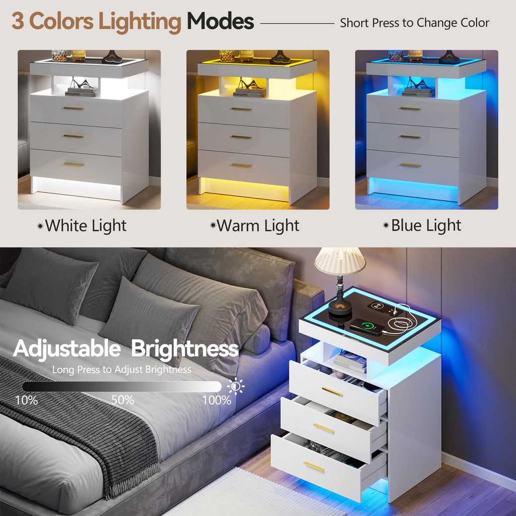 Gurexl LED Bedside Table with Glass Top and 3 IN 1 Charging Station,White - image 5