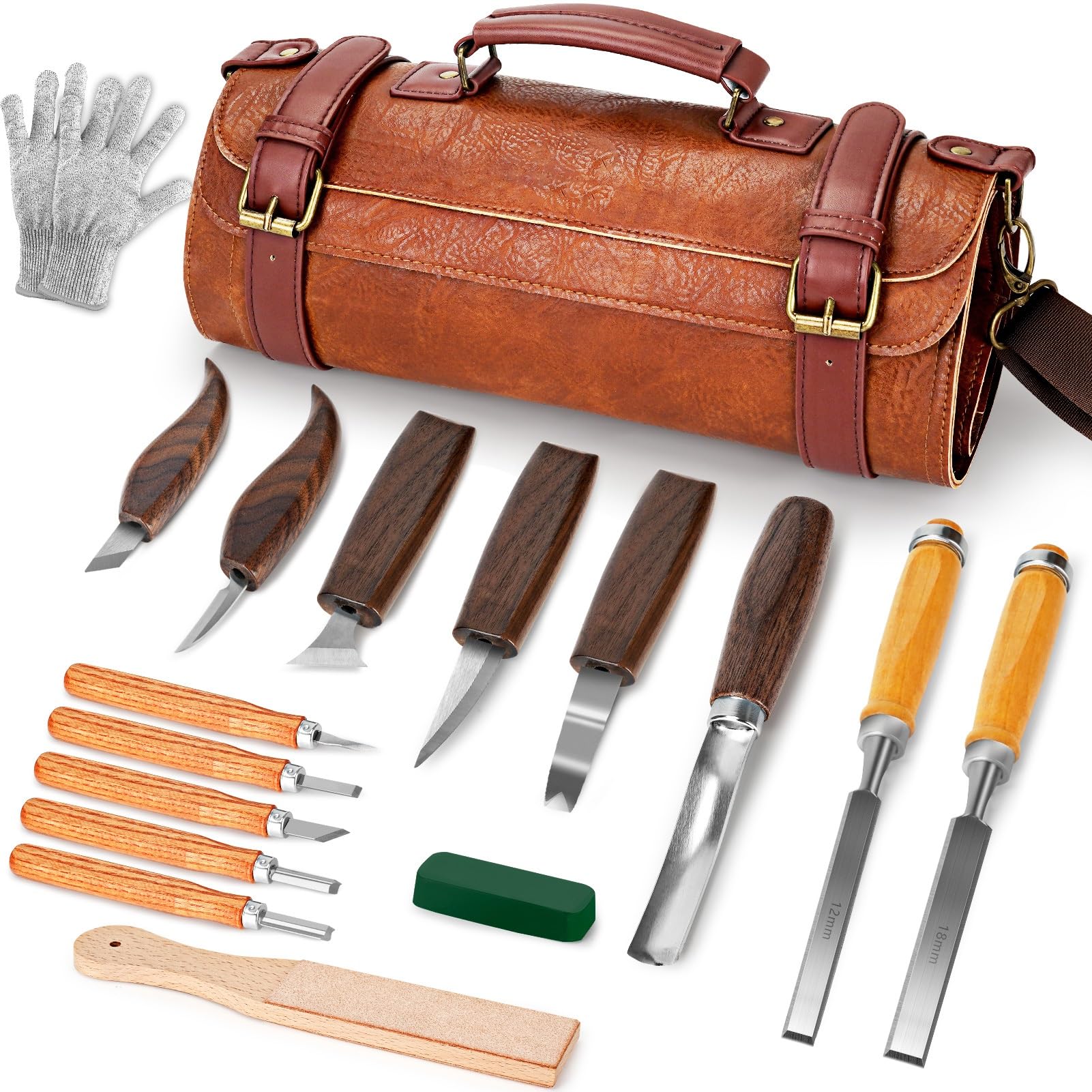 K KERNOWO 17PCS Wood Carving & Whittling Kit with PU Leather Wrap