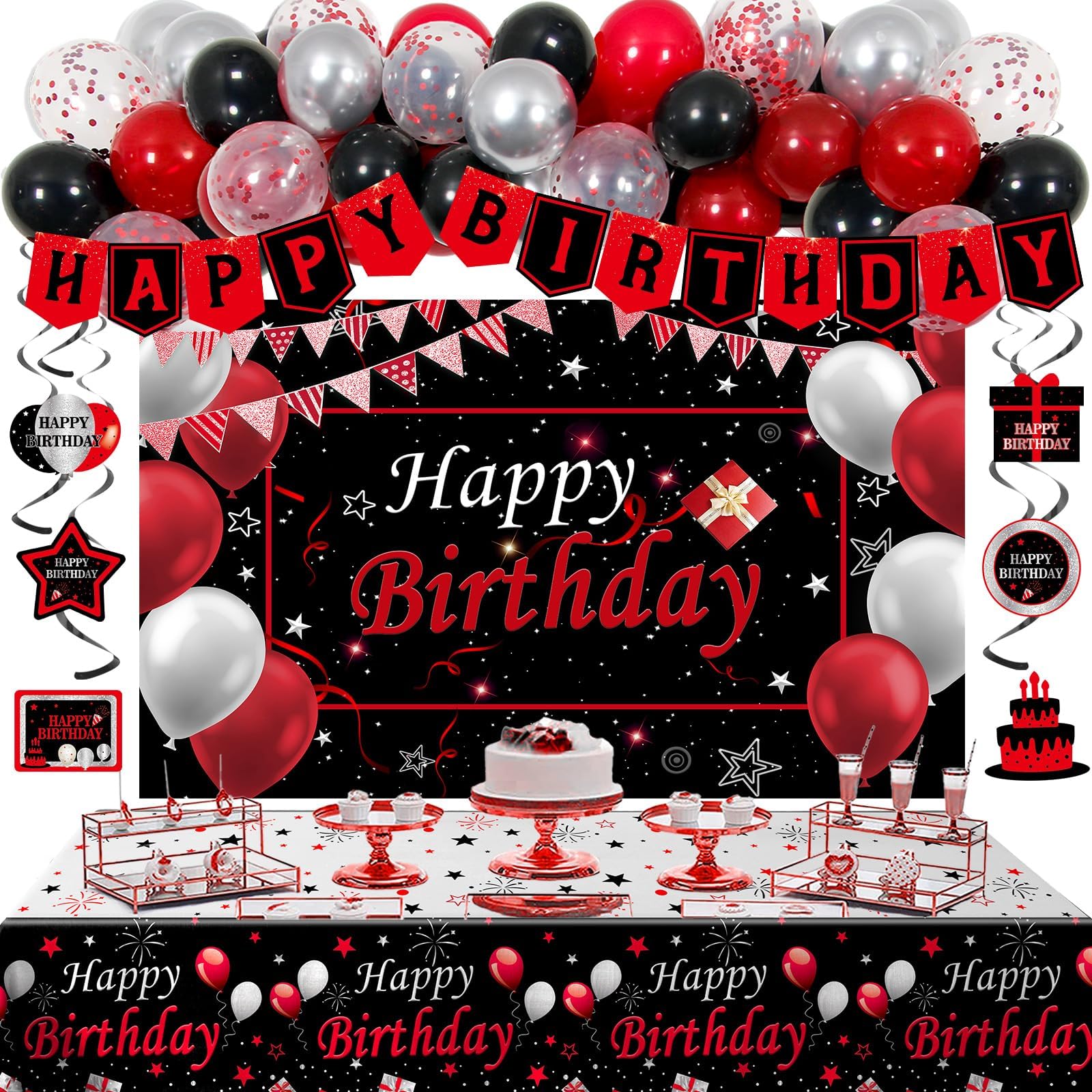 Jolof Store Red and Black Birthday Decorations Kit with Balloon Arch & Backdrop