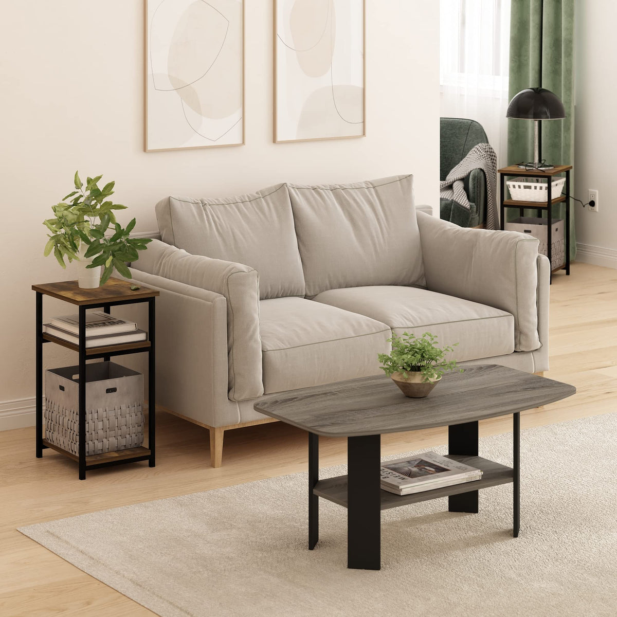 Furinno JUST Side Table Set of 2, 3-Tier Metal Frame End Table with Open Shelf, Night Stand, Bedside Table, for Living Room, Bedroom, Amber Pine - image 2
