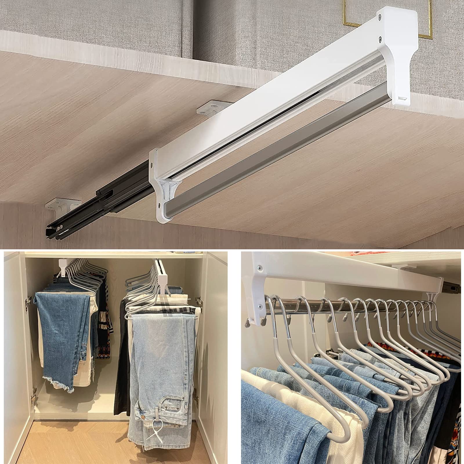 MAFAGE Pull Out Clothes Rail – 497mm Adjustable Wardrobe Hanger Rod, White