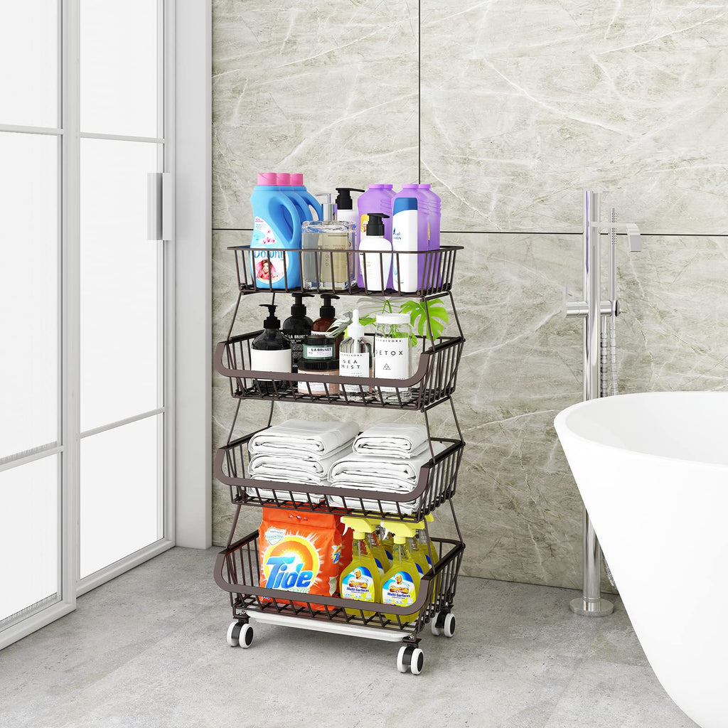 Jolof Store 4-Tier Stackable Metal Wire Fruit Basket Cart with Wheels