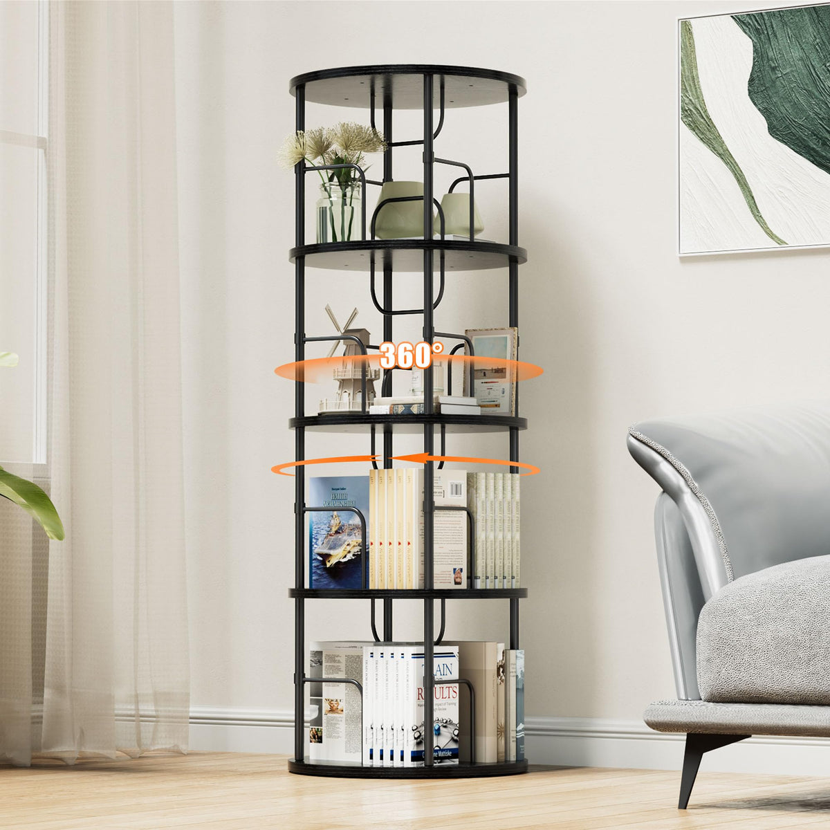 OCTORO 4 Tier Rotating Bookshelf, 360° Corner Bookshelf Tower, Round Revolving Bookcase with Adjustable Levels, Spinning Book Shelf for Home Office - image 1