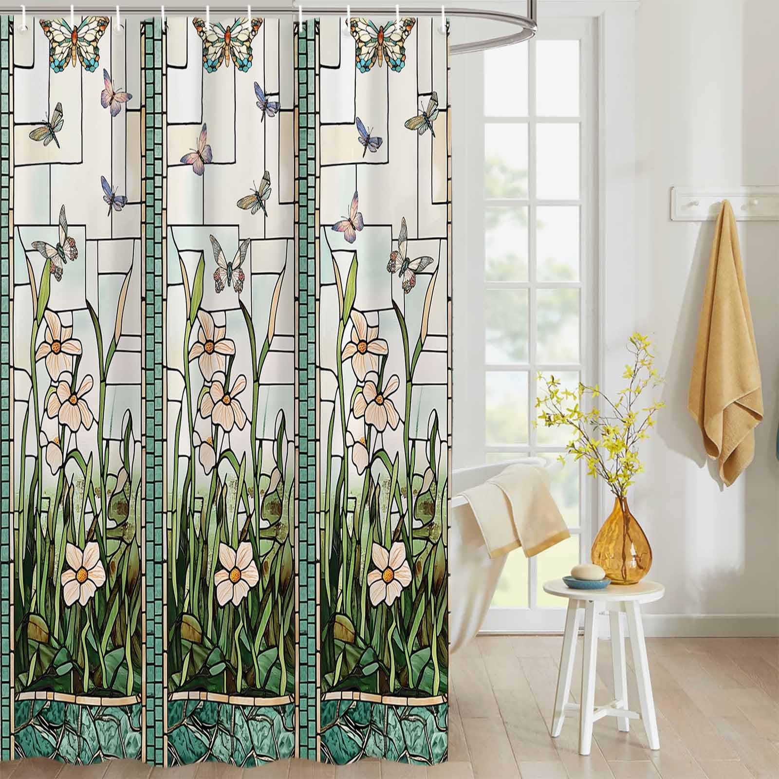 Jolof Store Stained Glass Dragonfly Shower Curtain – 72x72 Waterproof